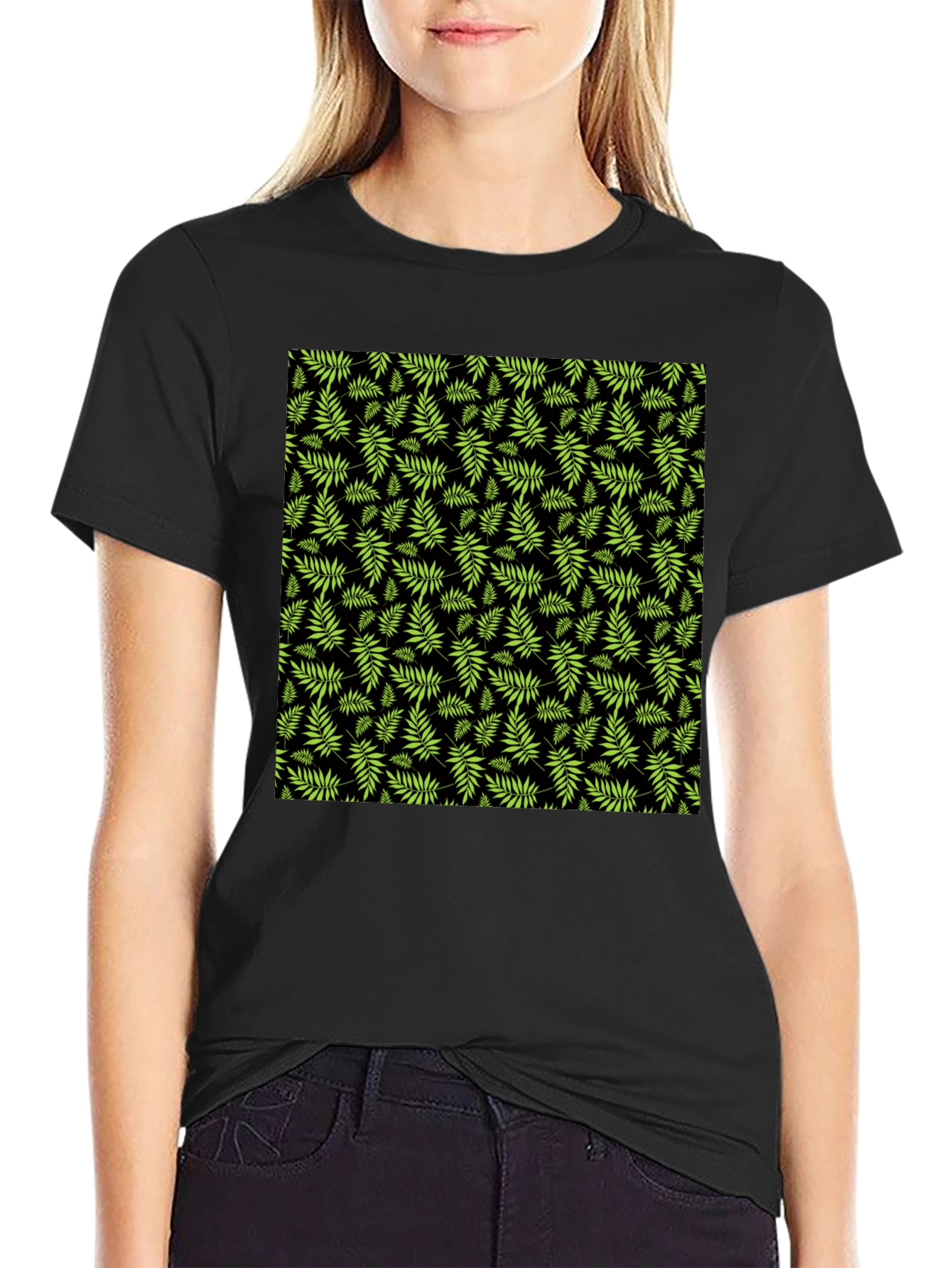 Tropical Leaf Print Black T-Shirt