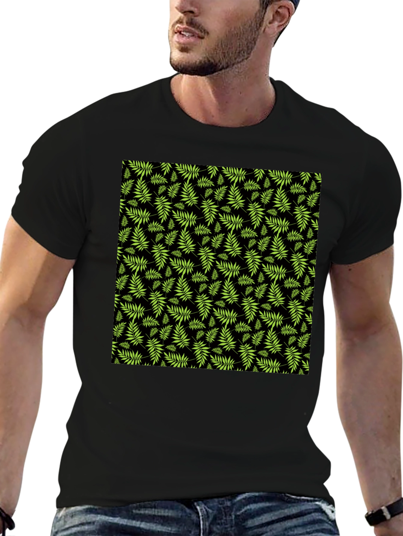 Tropical Leaf Print Black T-Shirt