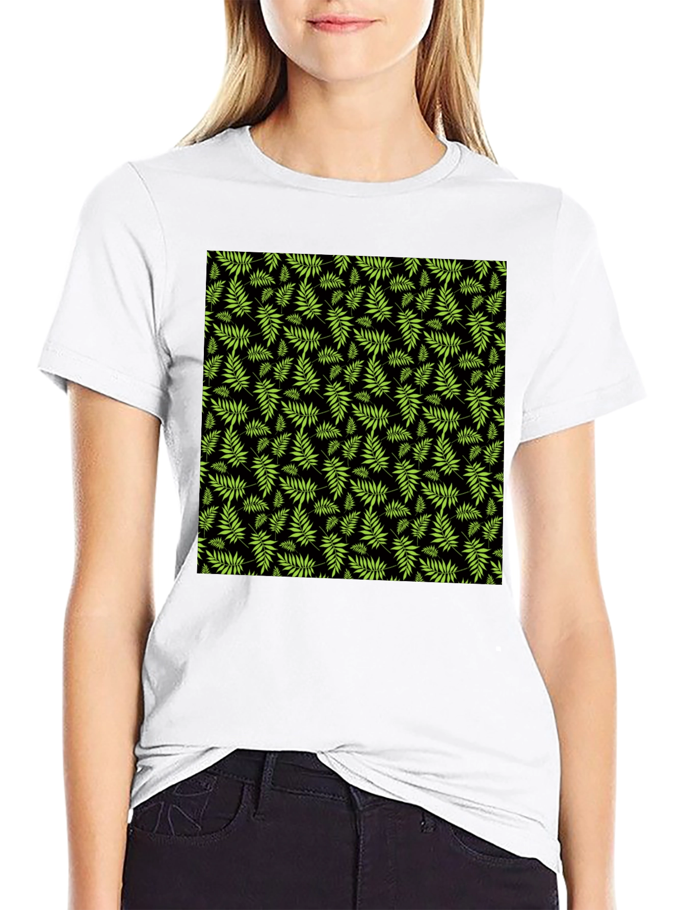 Tropical Leaf Print Black T-Shirt