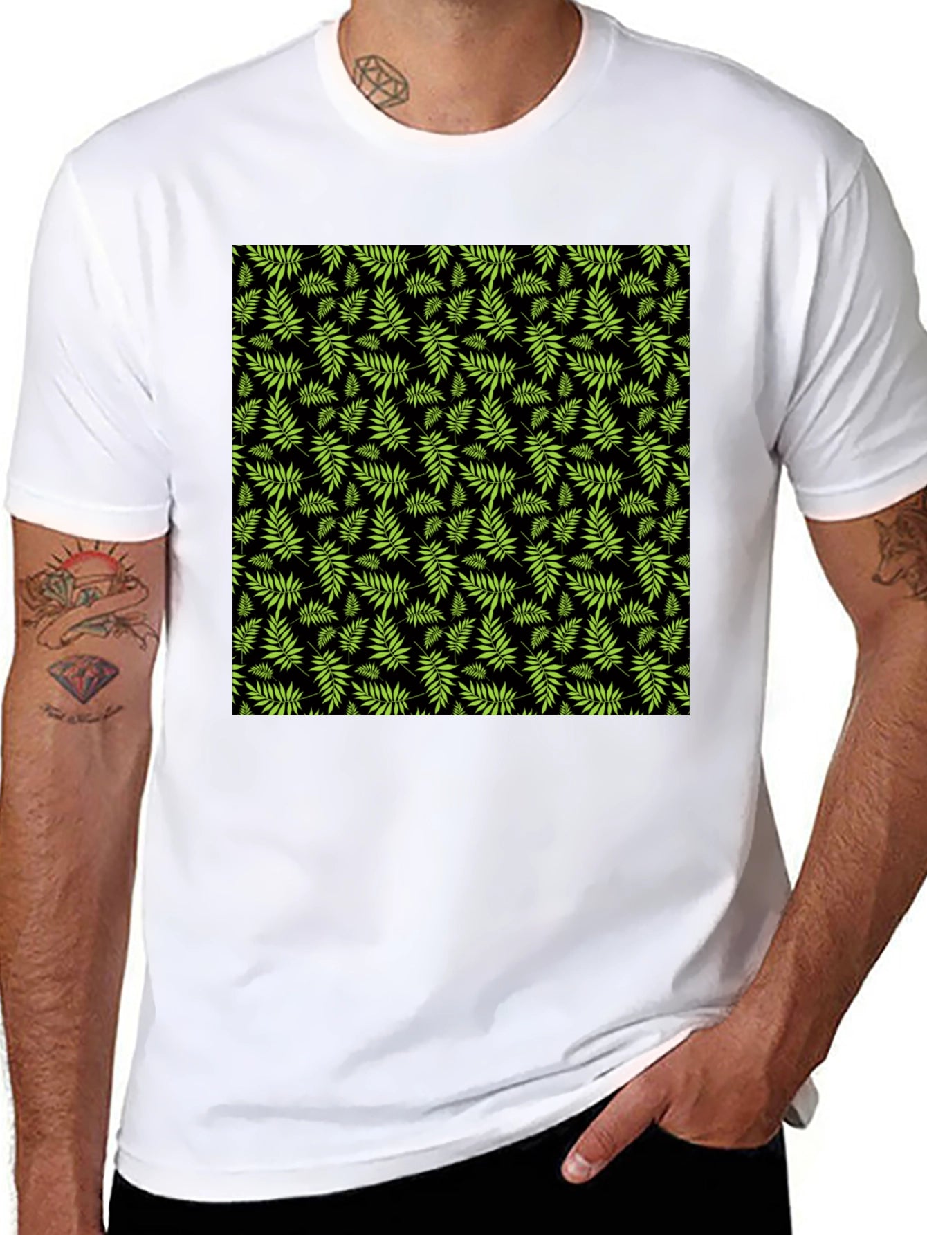 Tropical Leaf Print Black T-Shirt
