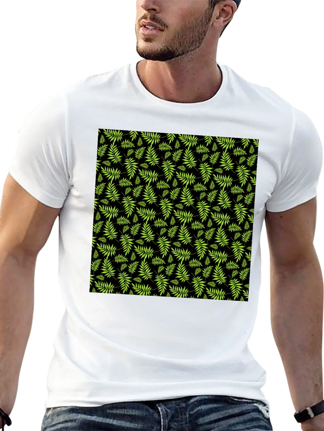 Tropical Leaf Print Black T-Shirt