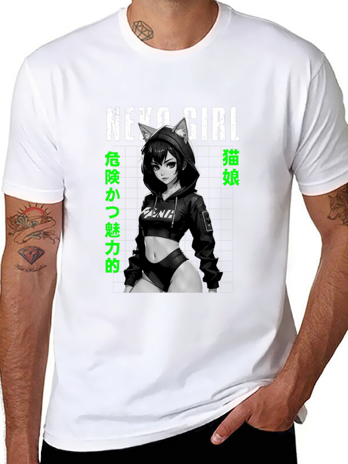 Neko Girl Anime Graphic T-Shirt - Black