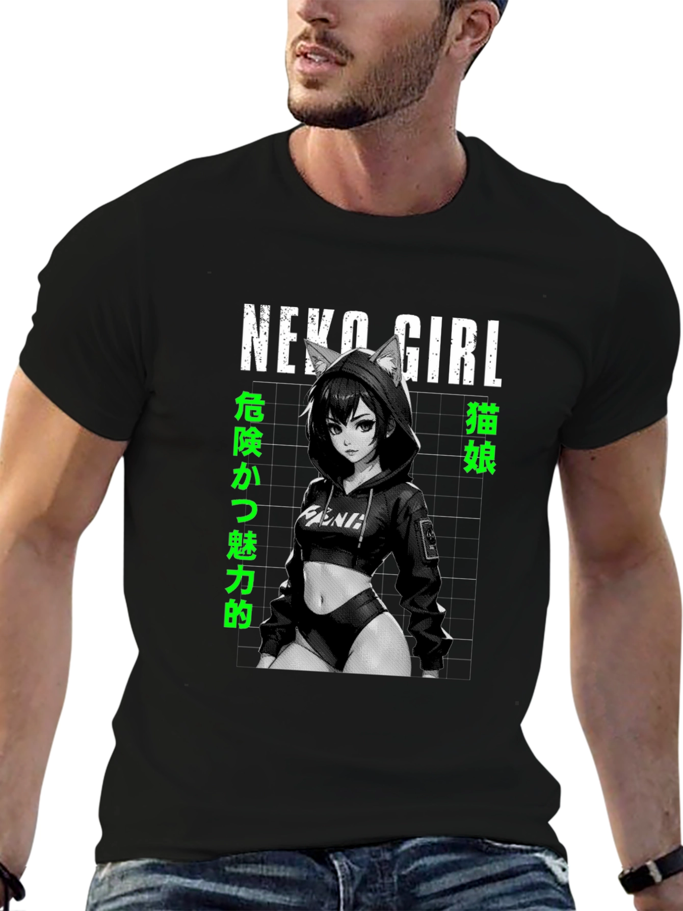 Neko Girl Anime Graphic T-Shirt - Black