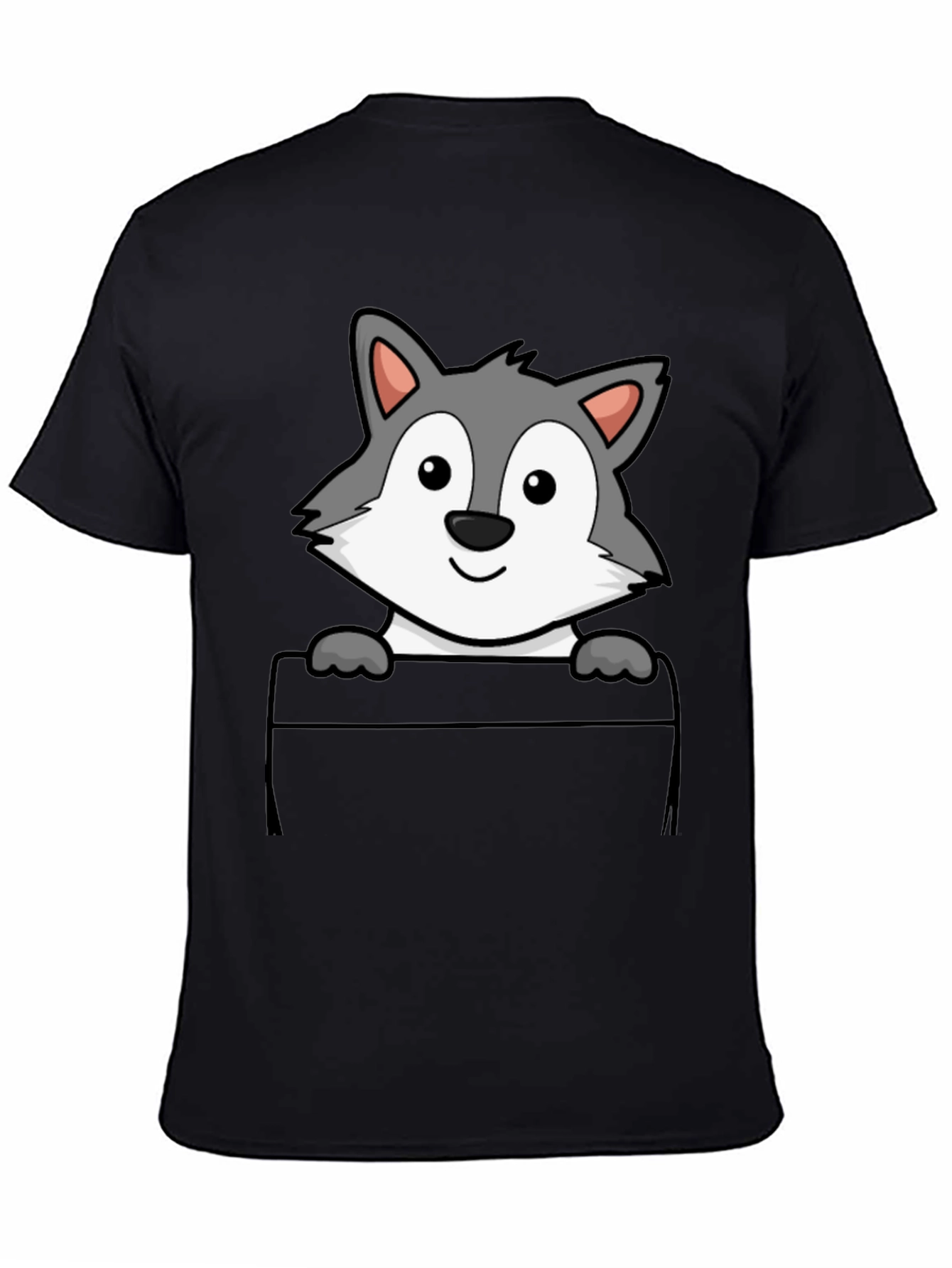Cartoon Wolf Pocket Print T-Shirt