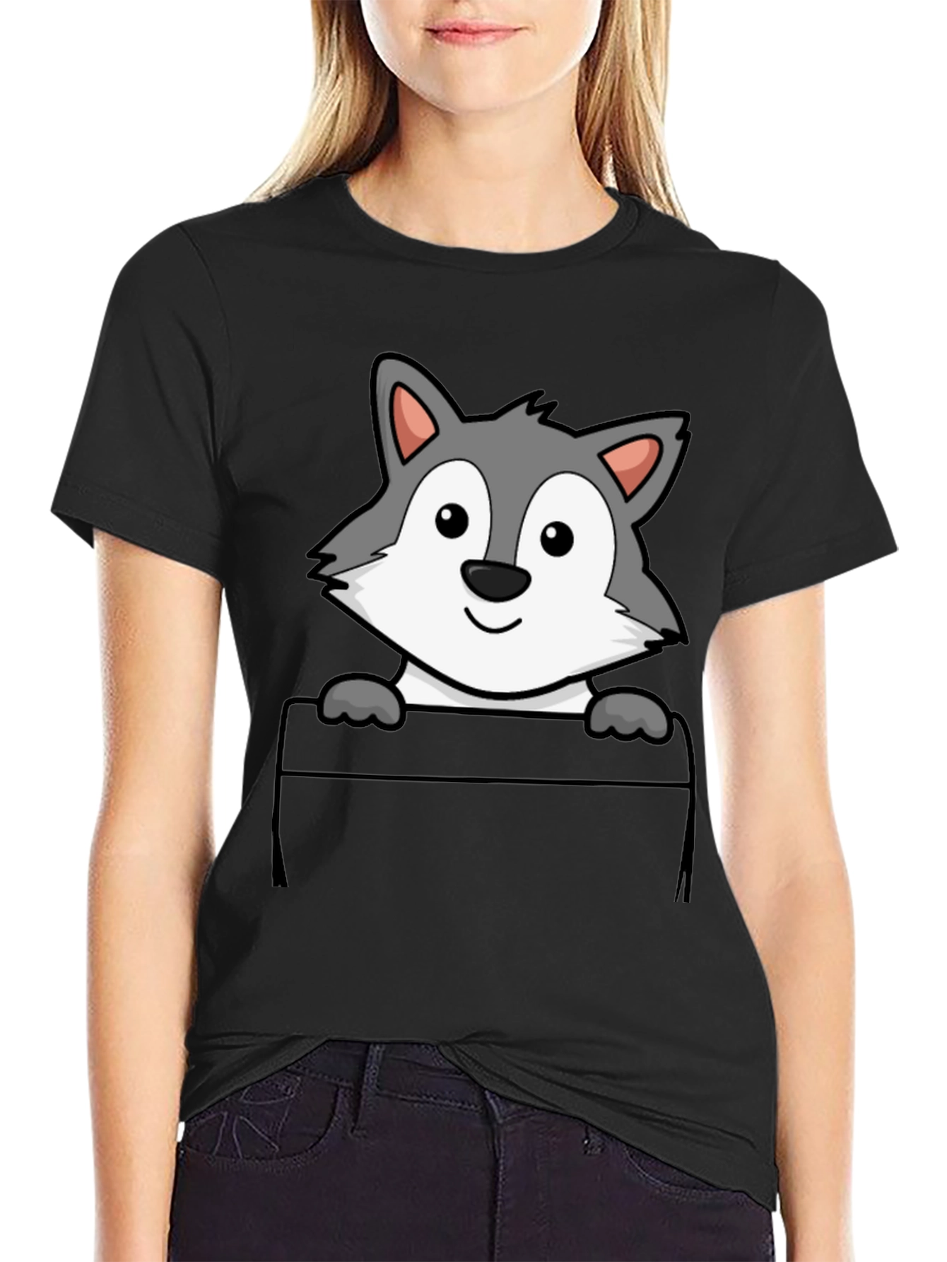 Cartoon Wolf Pocket Print T-Shirt