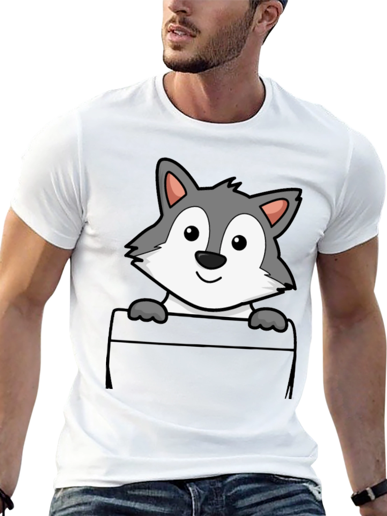 Cartoon Wolf Pocket Print T-Shirt