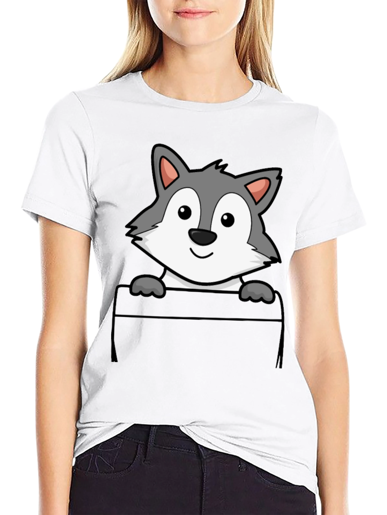 Cartoon Wolf Pocket Print T-Shirt