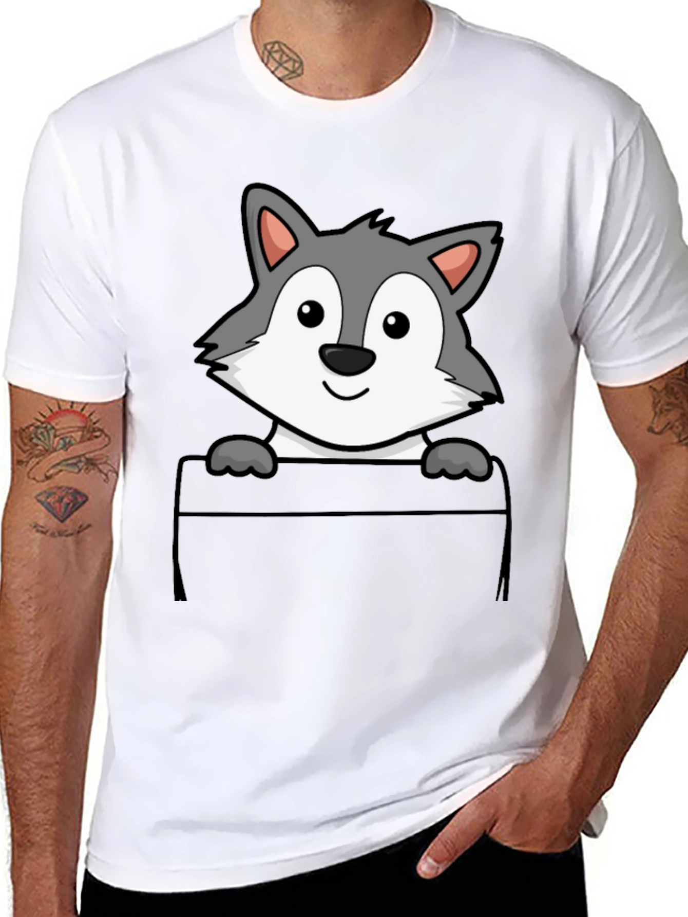 Cartoon Wolf Pocket Print T-Shirt