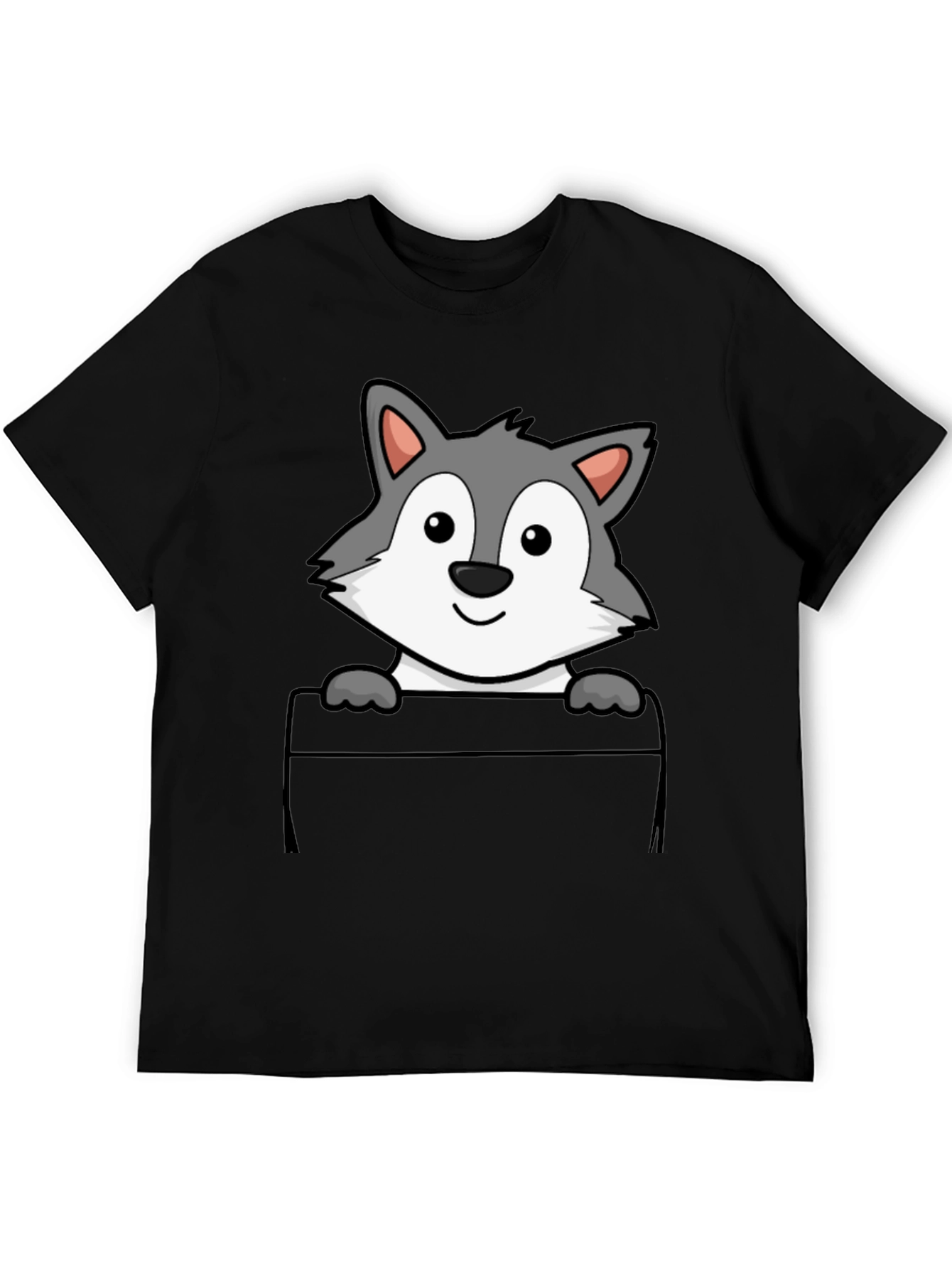 Cartoon Wolf Pocket Print T-Shirt