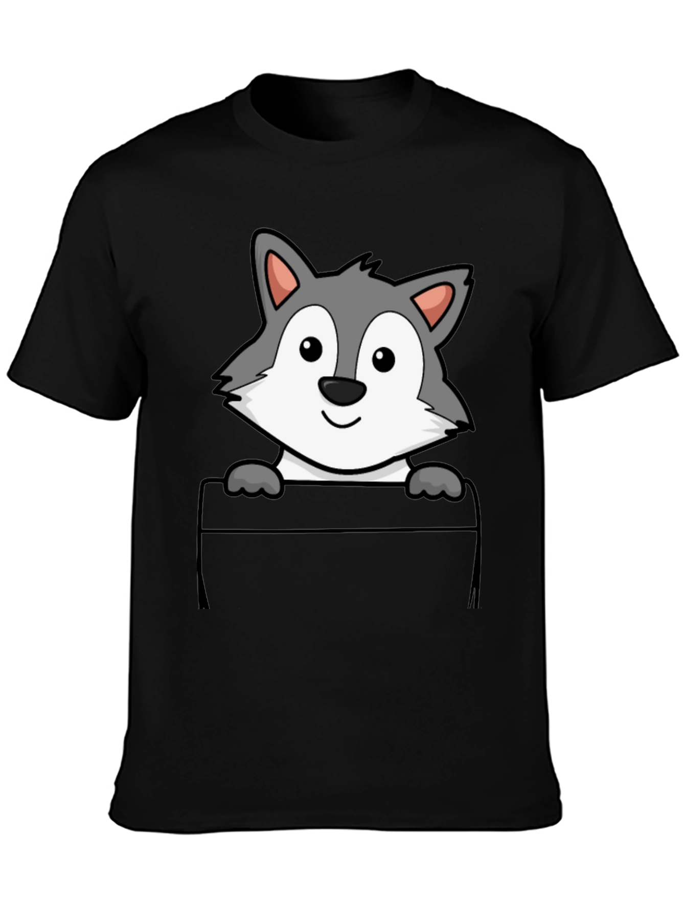 Cartoon Wolf Pocket Print T-Shirt