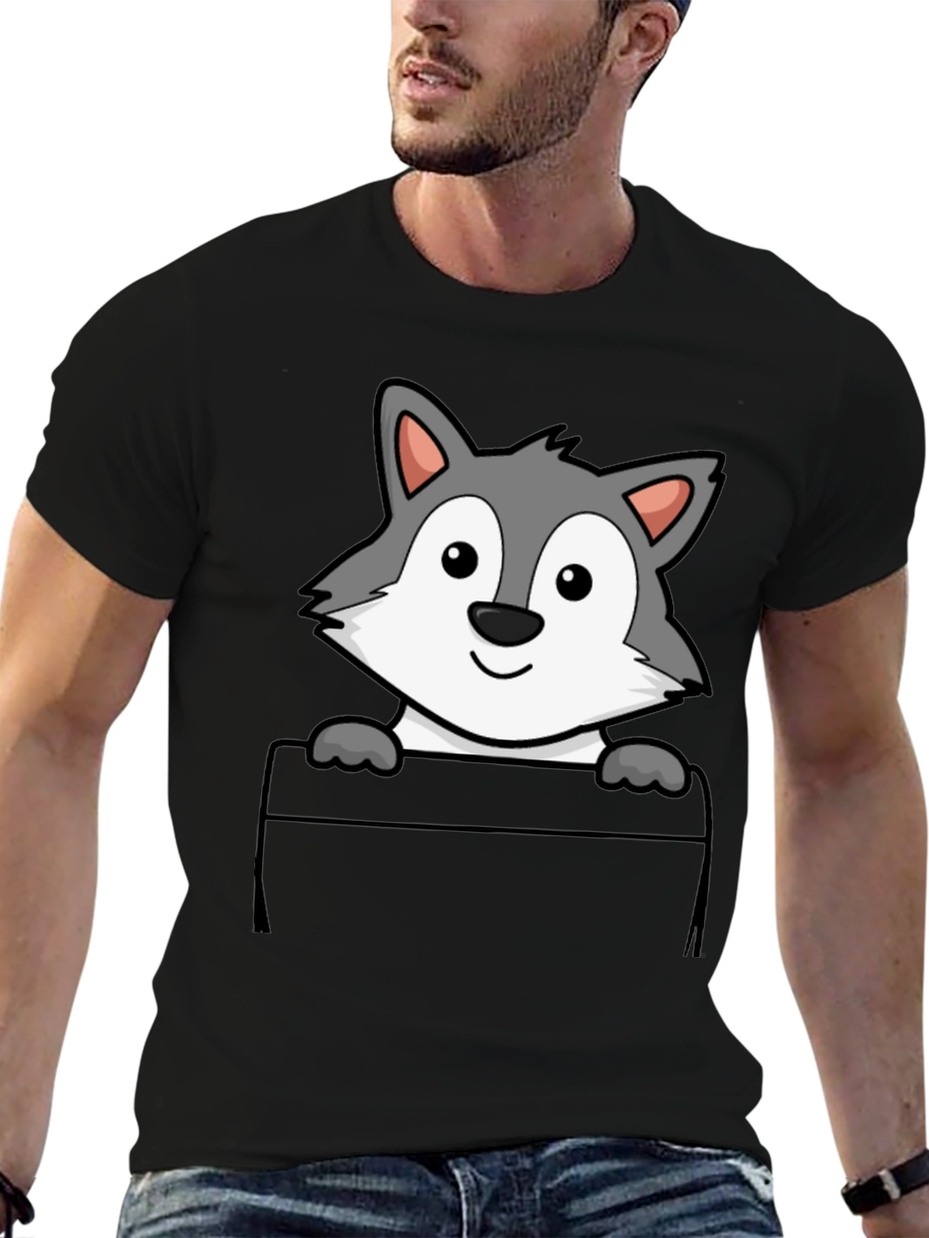 Cartoon Wolf Pocket Print T-Shirt