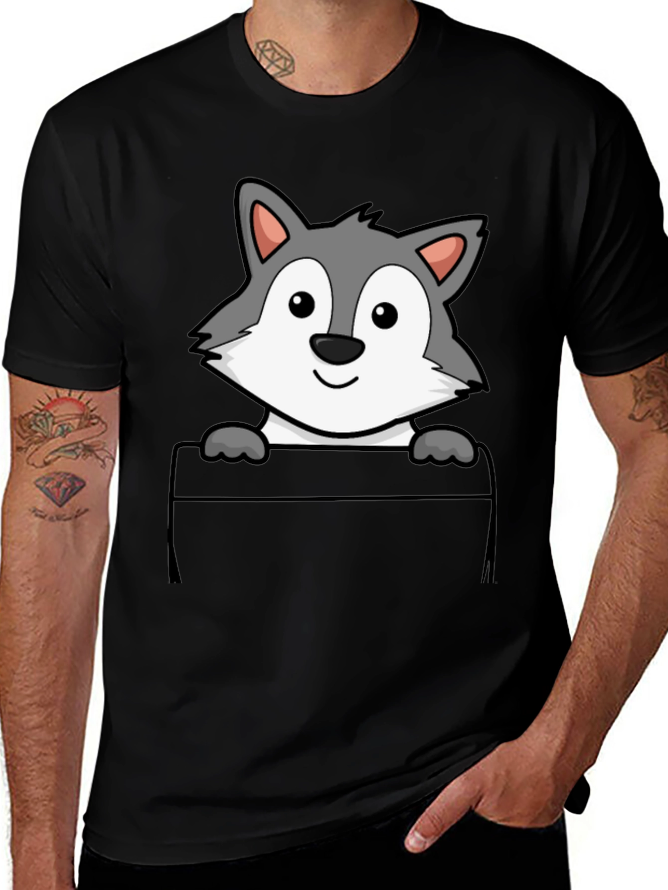Cartoon Wolf Pocket Print T-Shirt