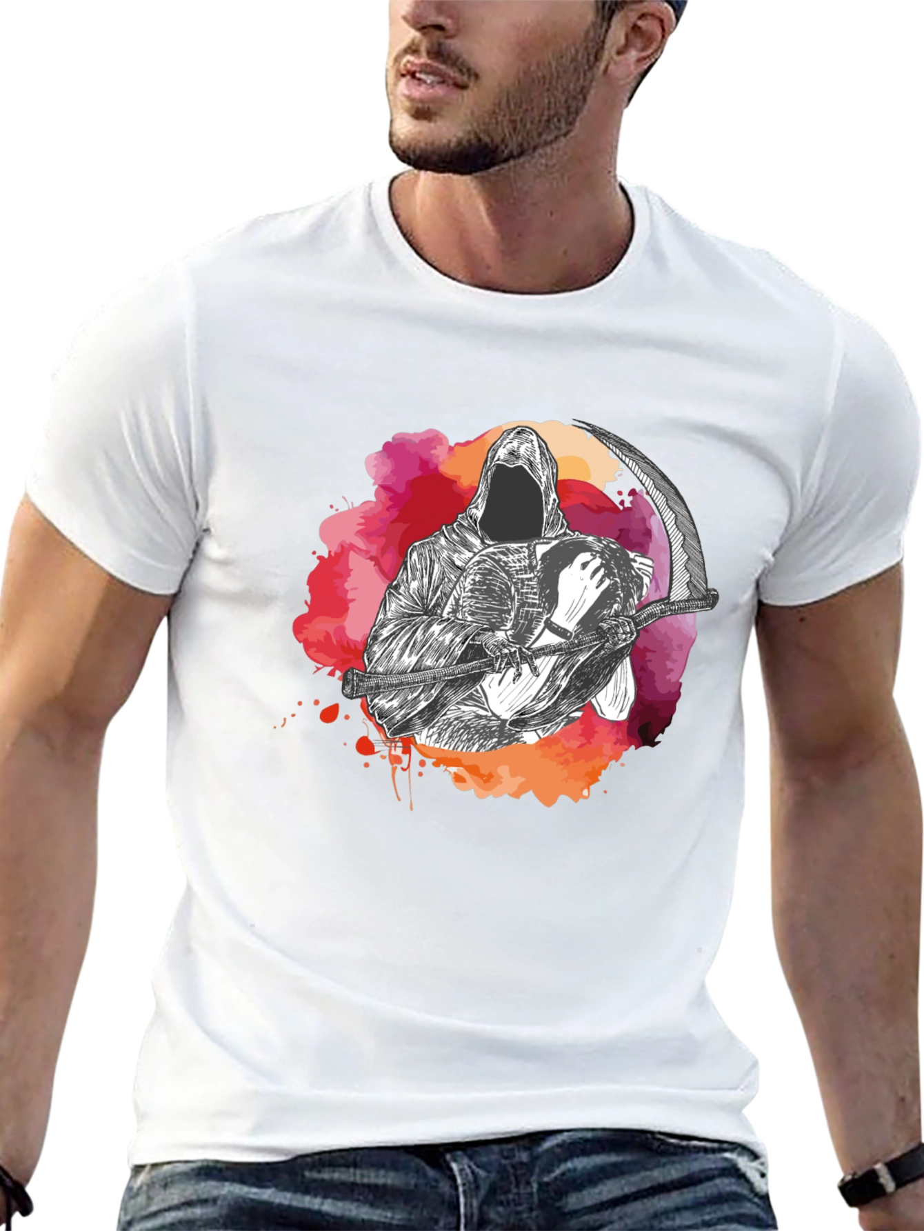 Grim Reaper Graphic Print Crew Neck T-Shirt