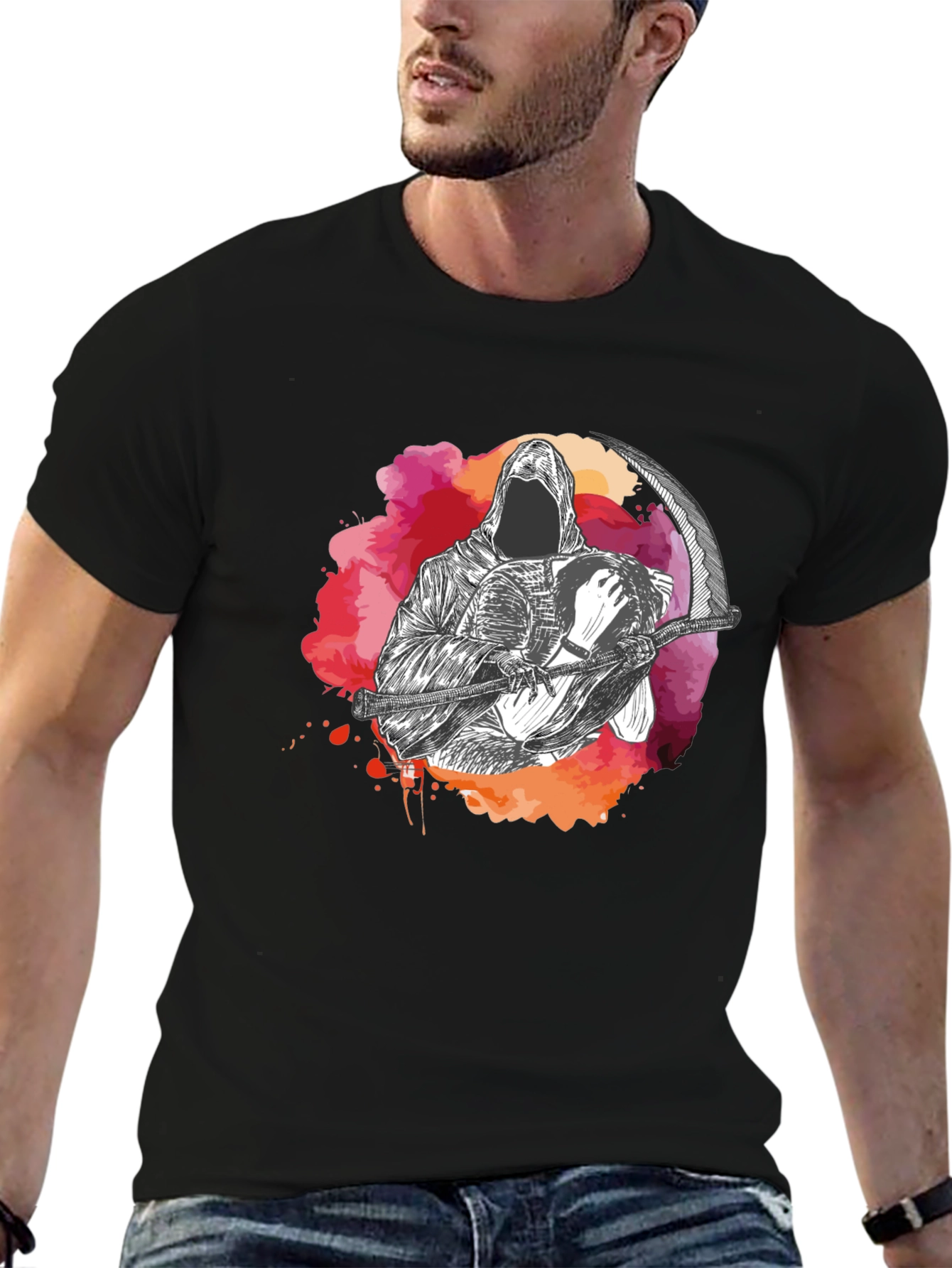Grim Reaper Graphic Print Crew Neck T-Shirt