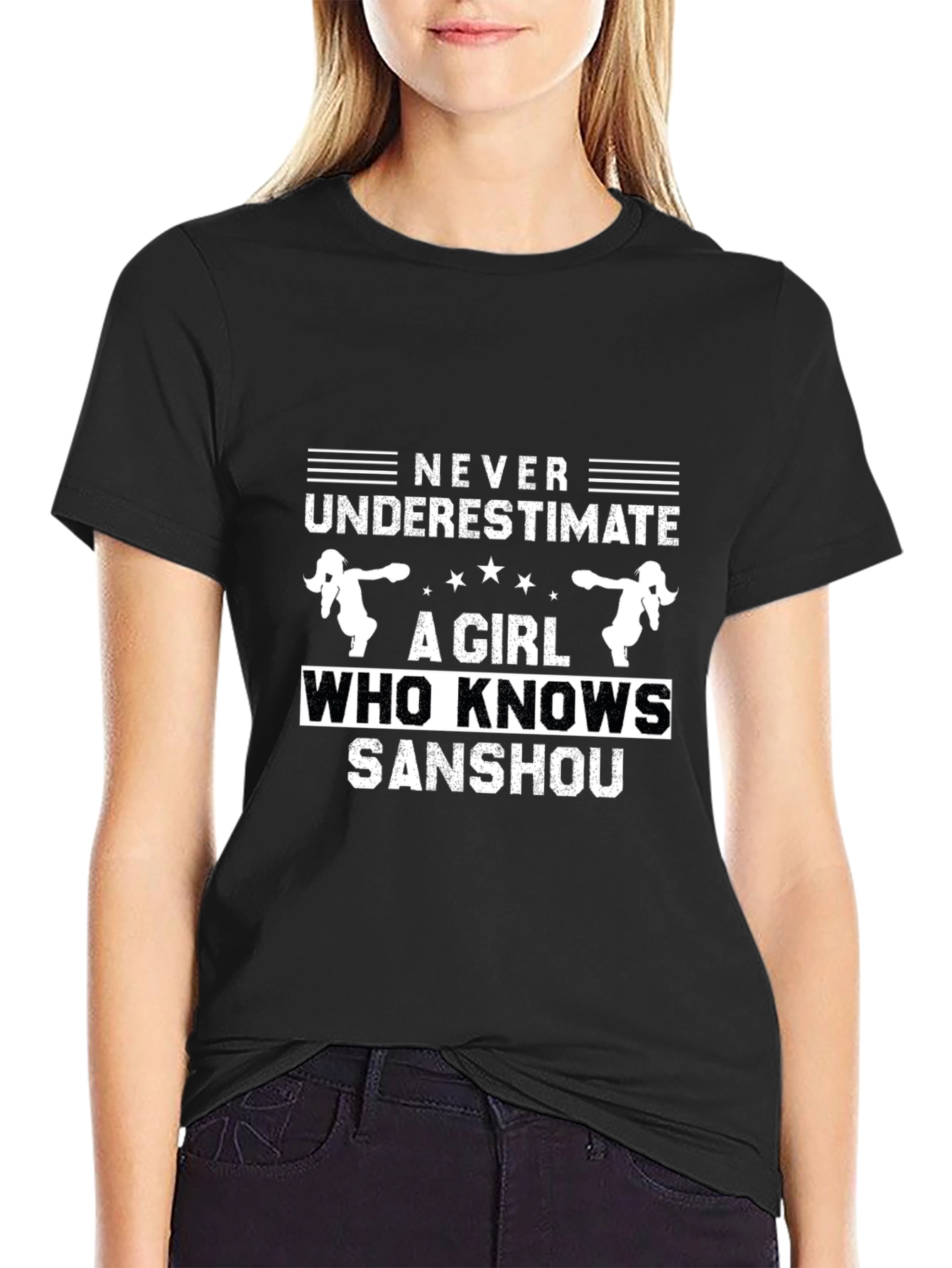 Never Underestimate Sanshou Girl Black T-Shirt