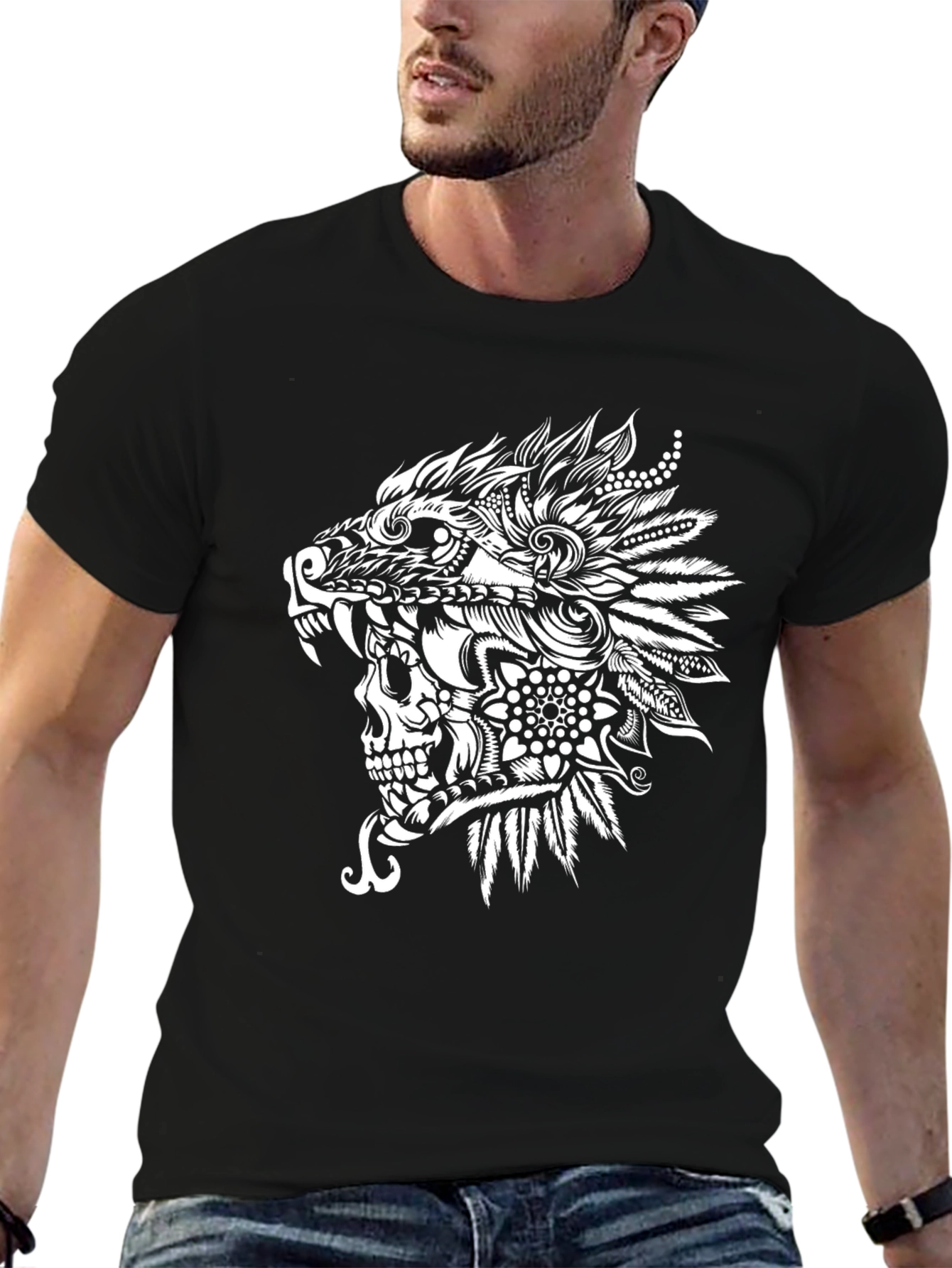 Wolf Skull Tribal Art Black T-Shirt