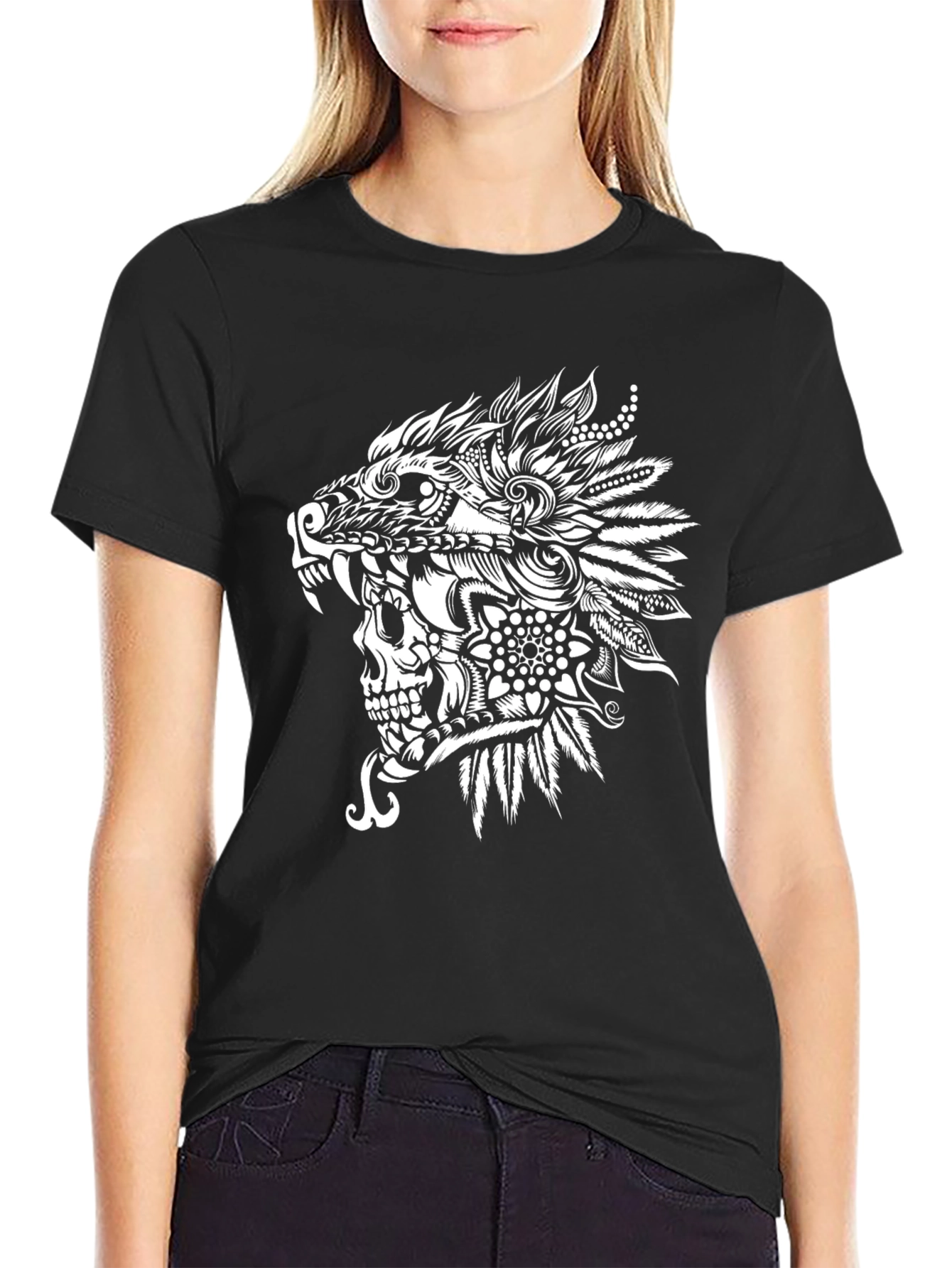 Wolf Skull Tribal Art Black T-Shirt