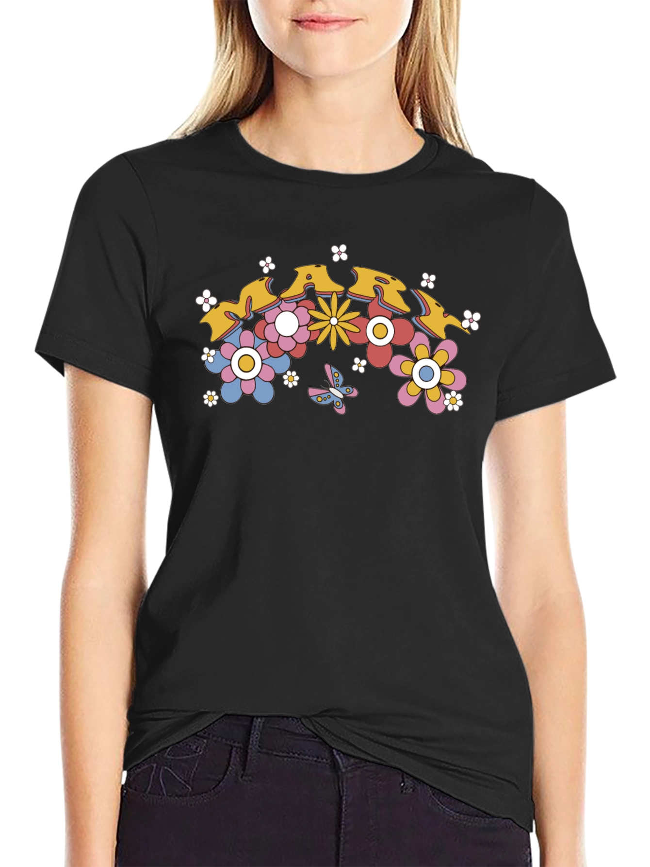 Retro Floral Graphic Tee - Black Cotton T-Shirt