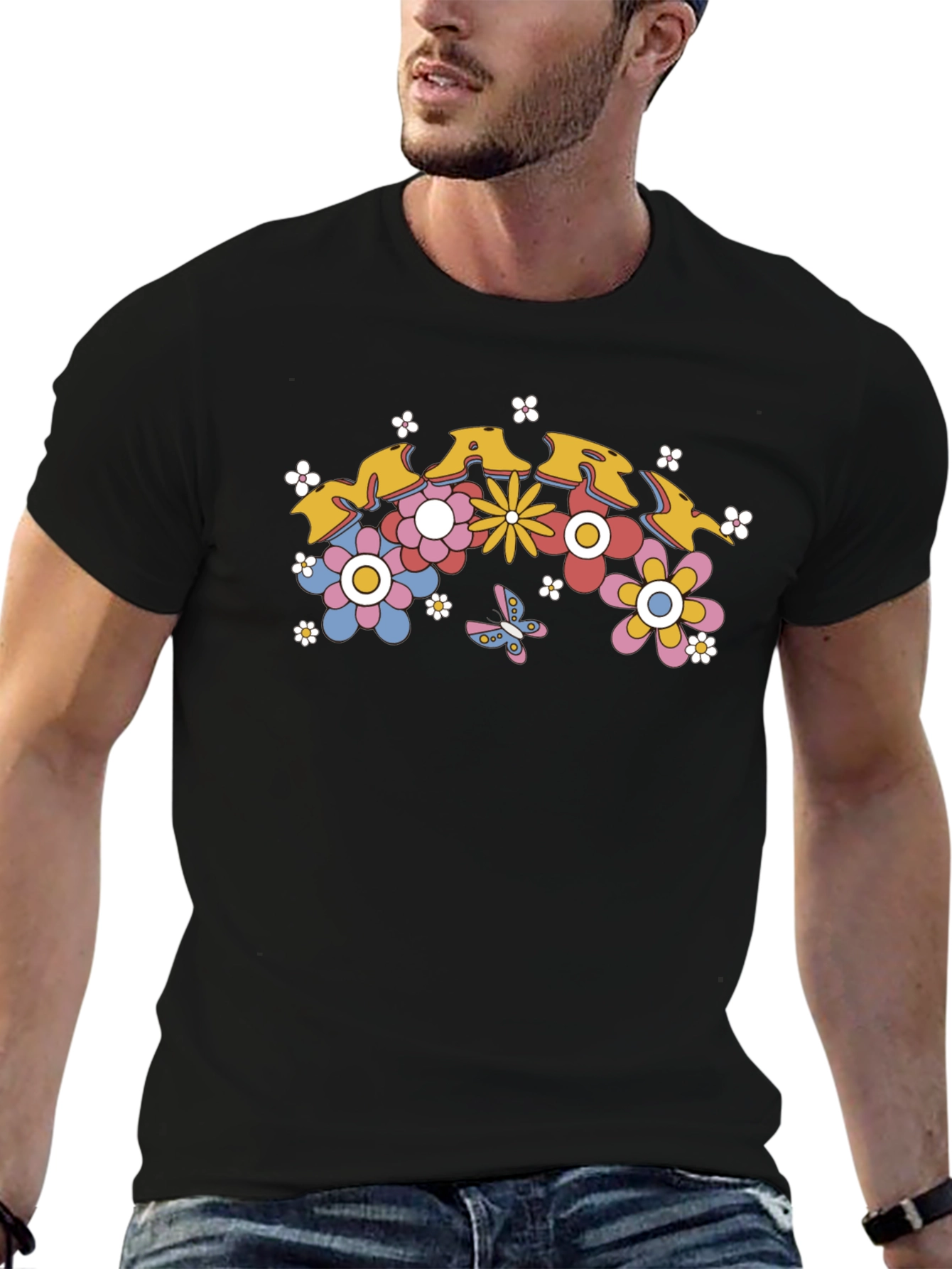 Retro Floral Graphic Tee - Black Cotton T-Shirt