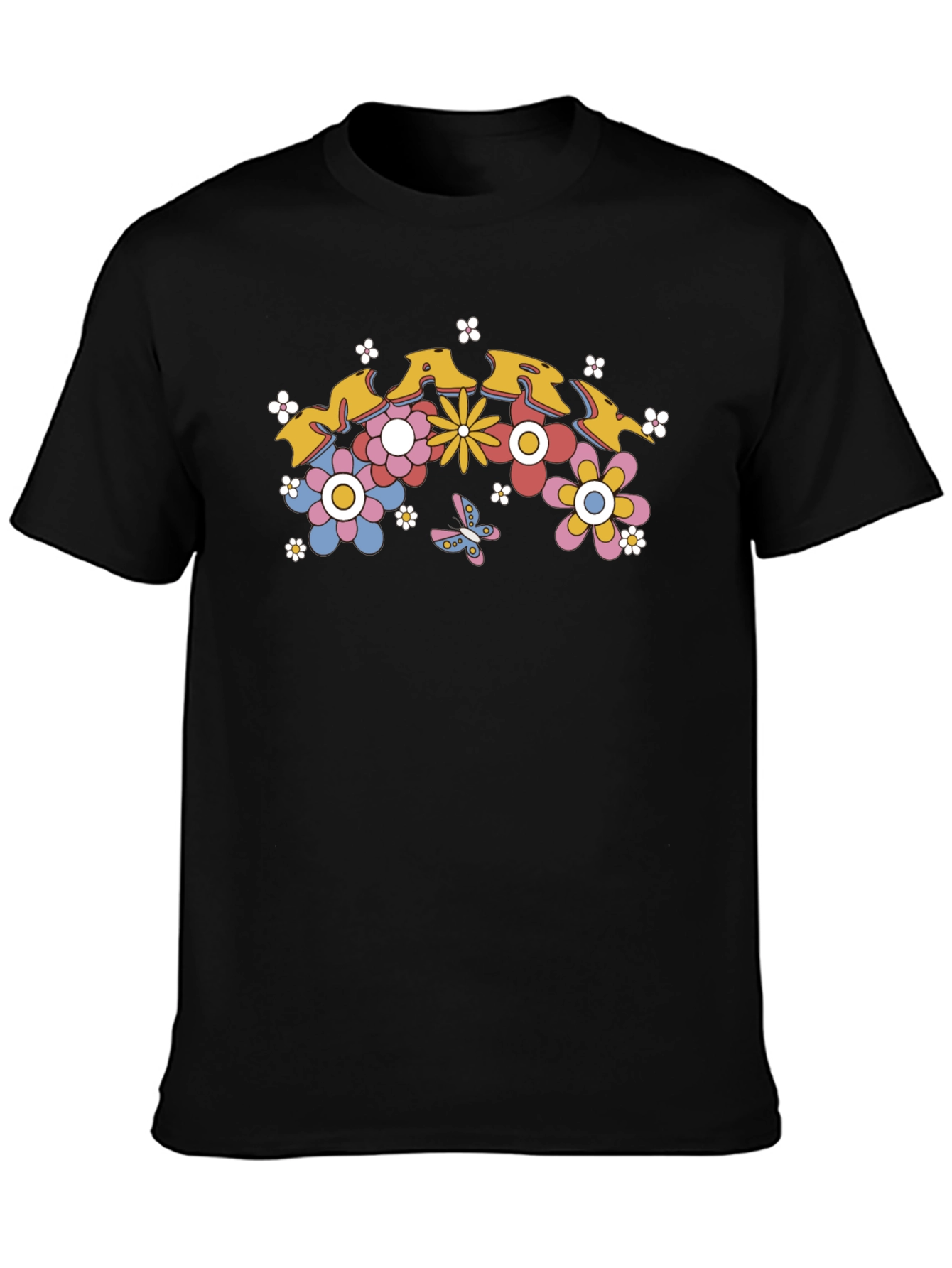 Retro Floral Graphic Tee - Black Cotton T-Shirt