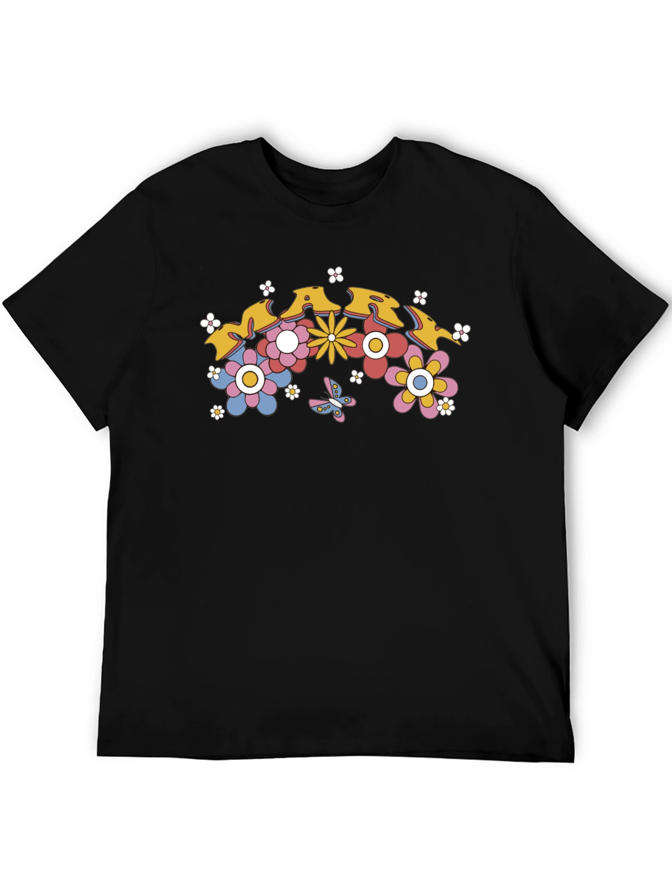 Retro Floral Graphic Tee - Black Cotton T-Shirt