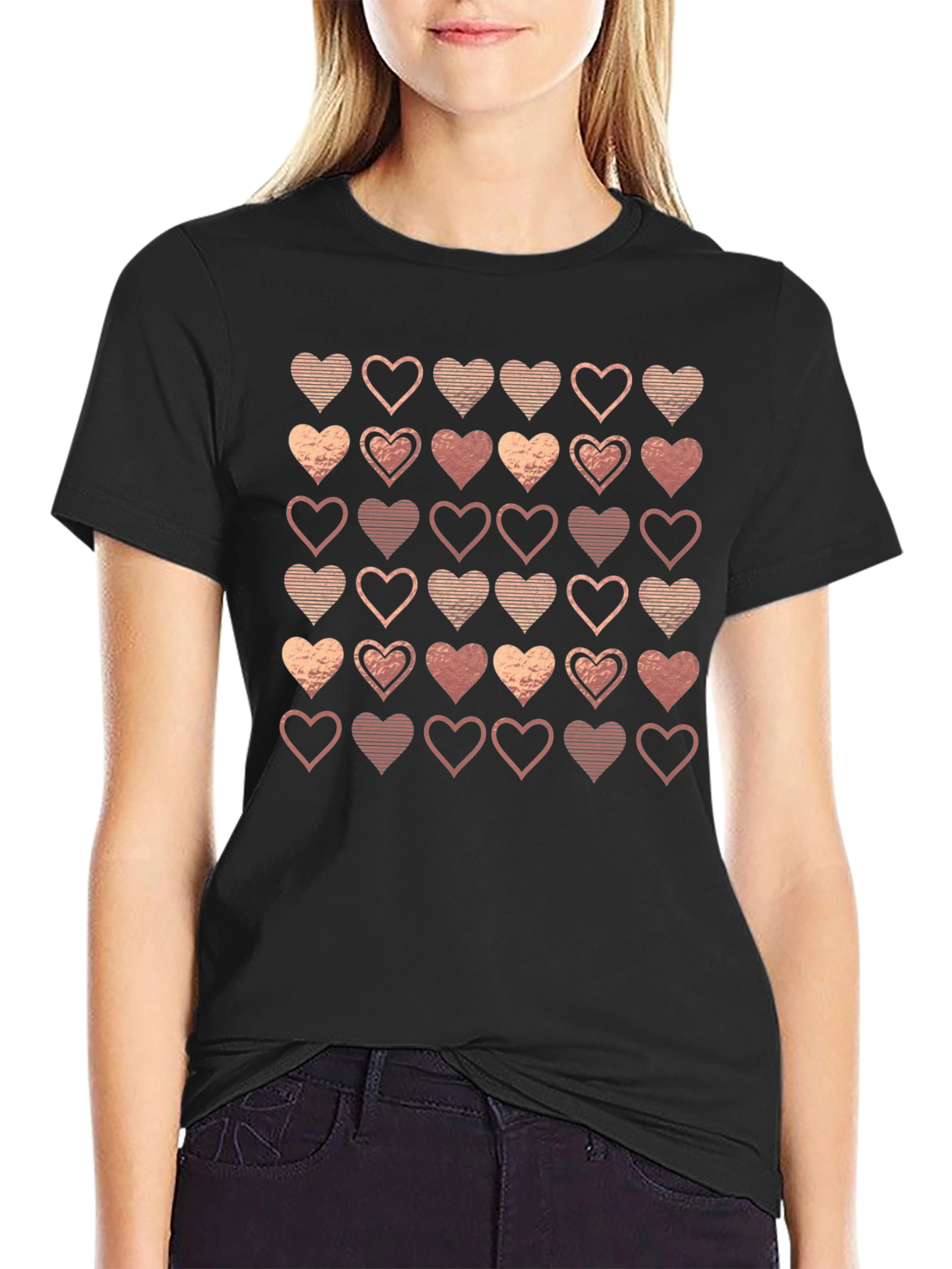 Heart Pattern Black T-Shirt