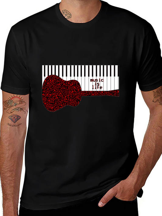 Music is Life Guitar Piano Keys Graphic Tee - Black