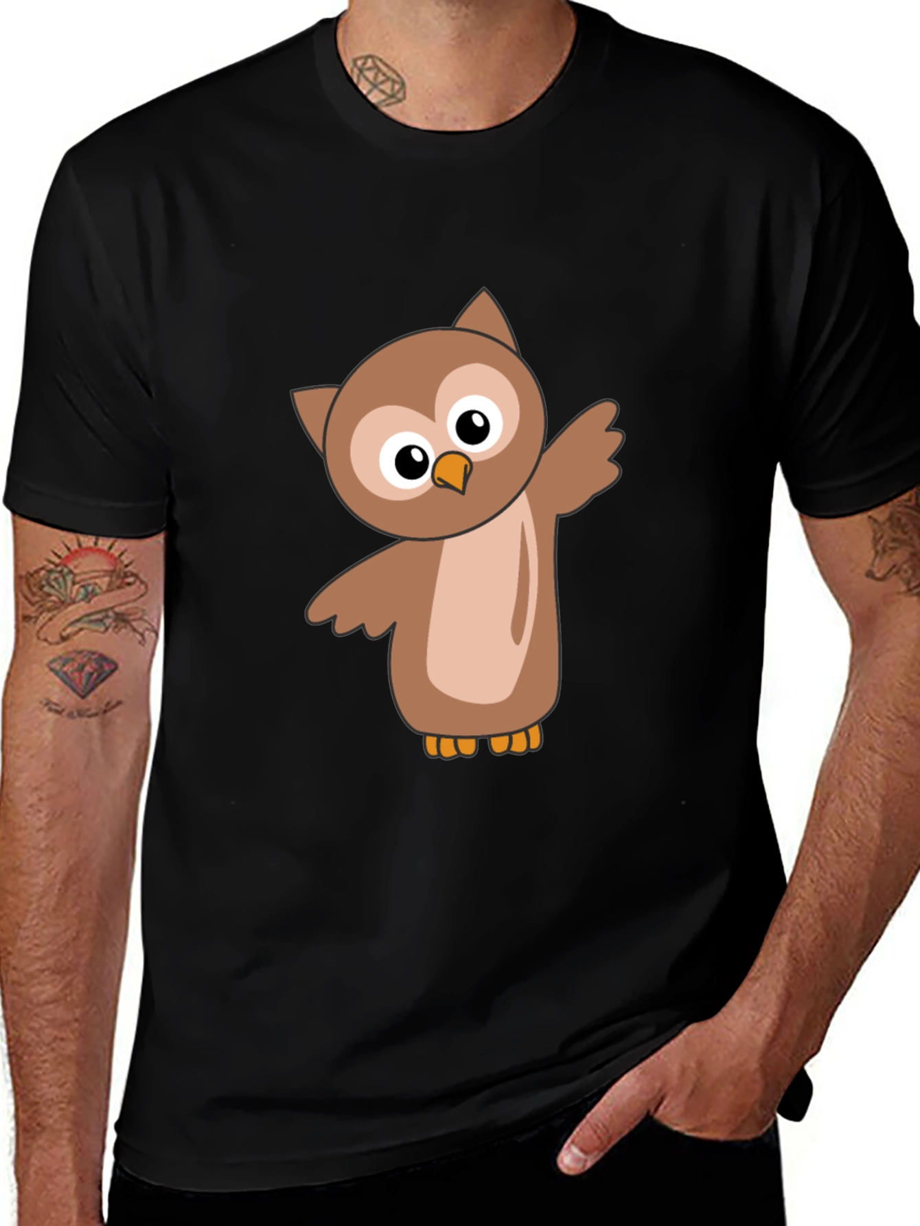Cute Cartoon Owl Black T-Shirt