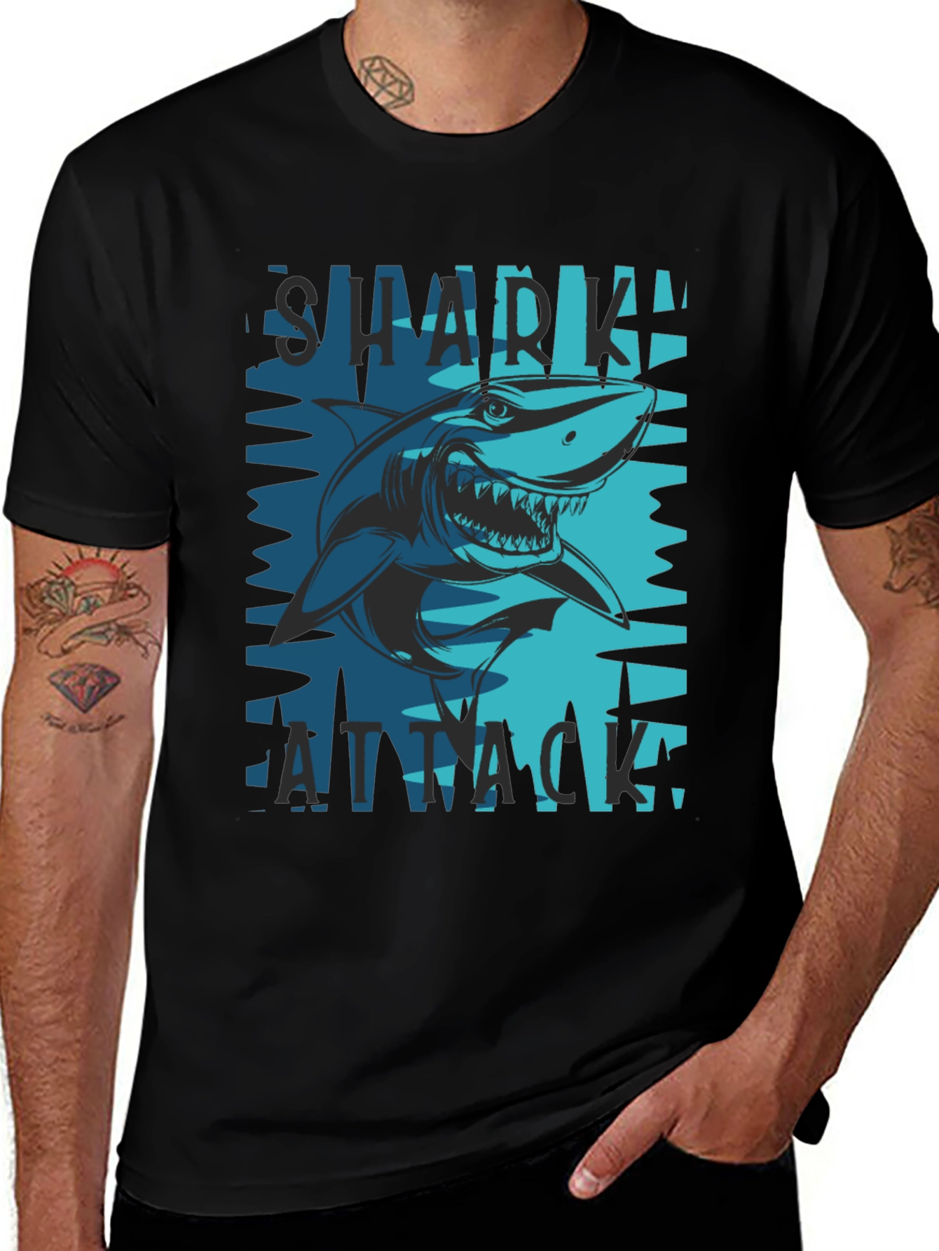 Shark Attack Graphic Tee - Black Cotton Blend T-Shirt