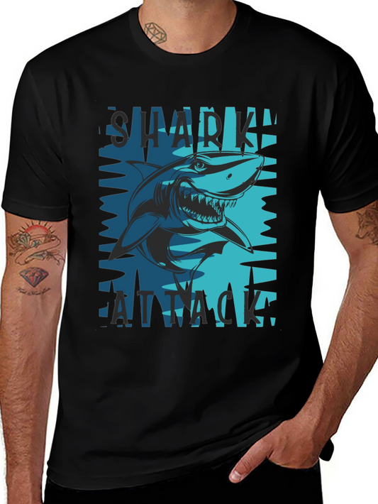Shark Attack Graphic Tee - Black Cotton Blend T-Shirt