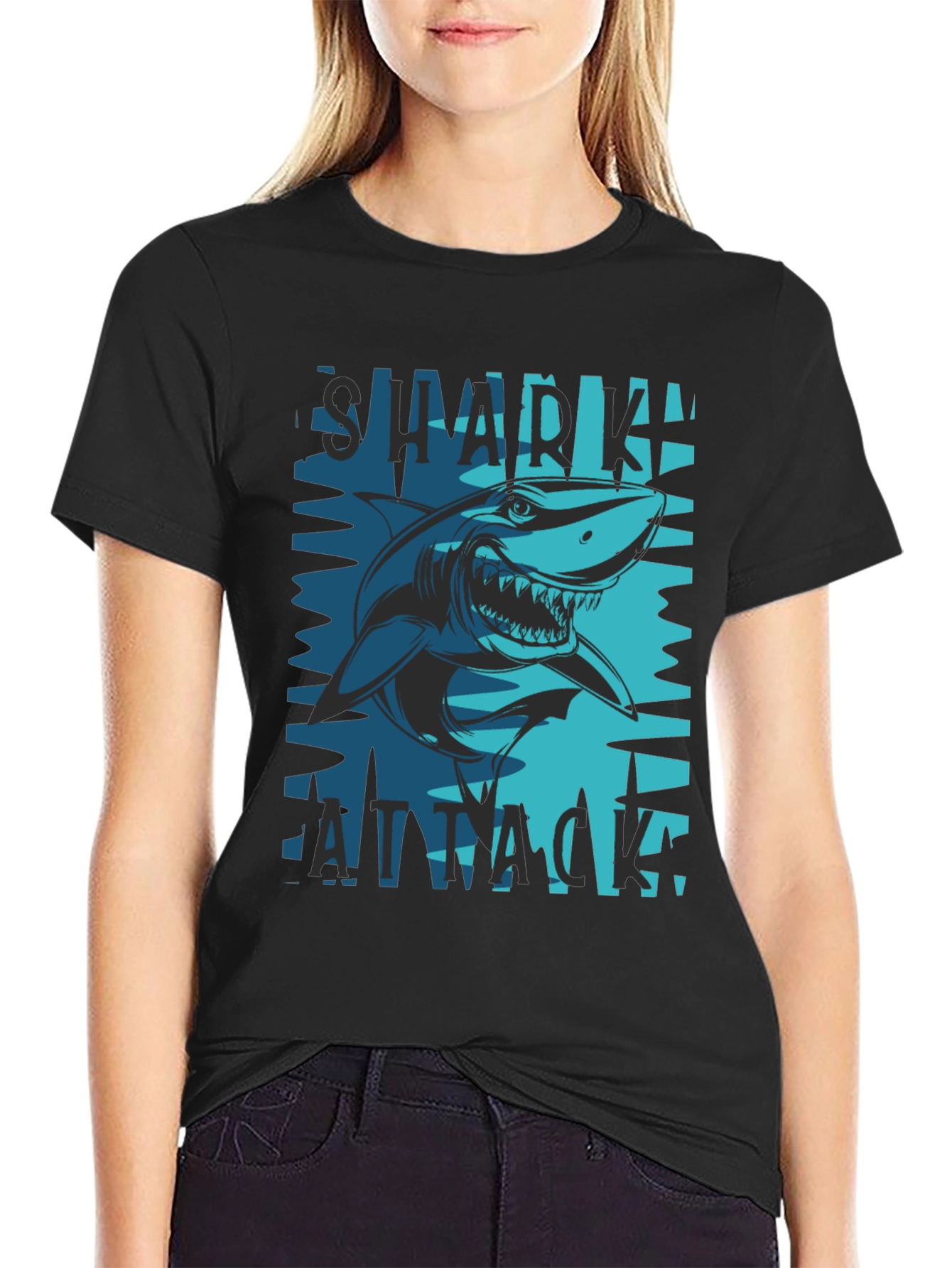 Shark Attack Graphic Tee - Black Cotton Blend T-Shirt