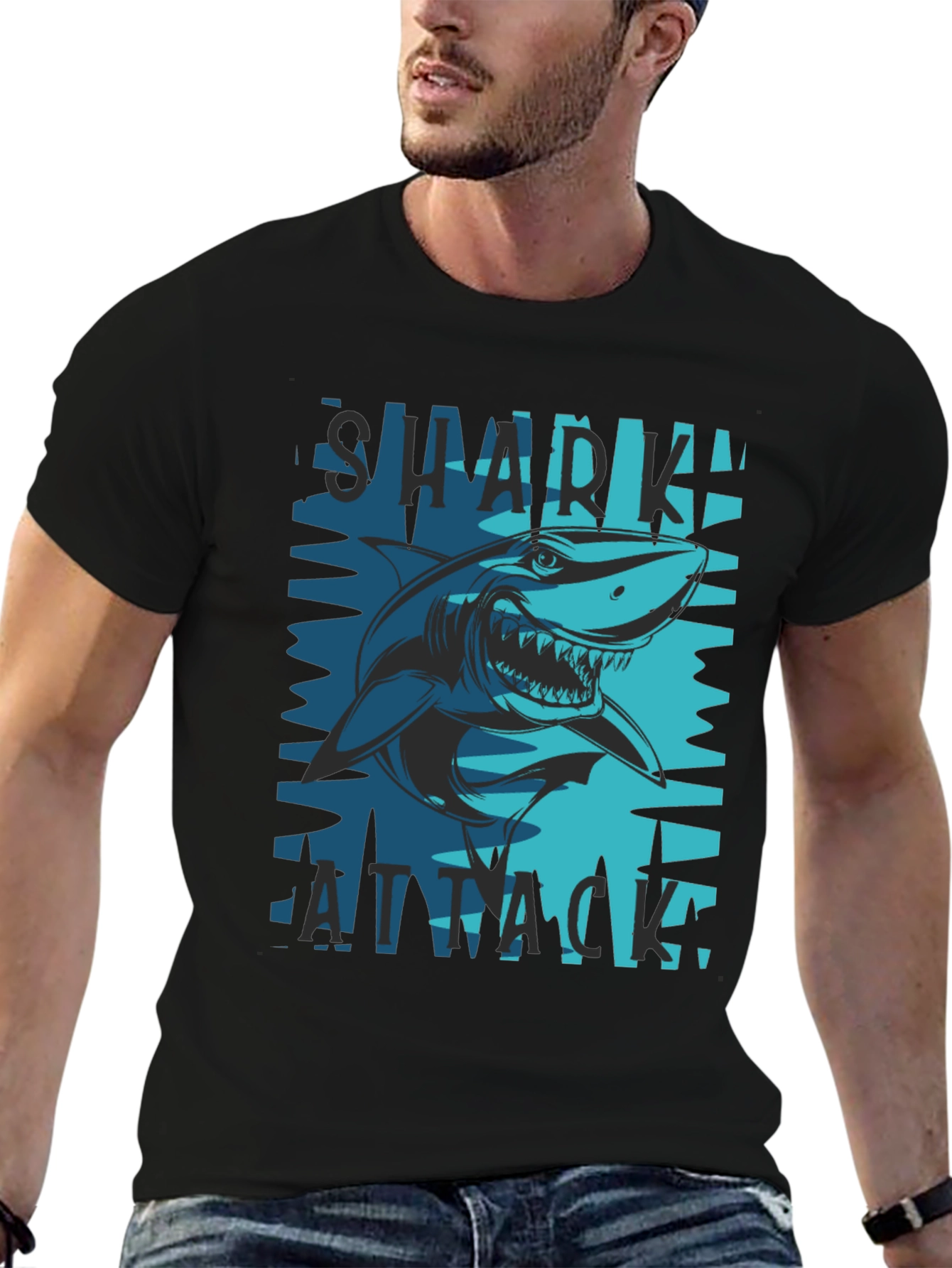Shark Attack Graphic Tee - Black Cotton Blend T-Shirt