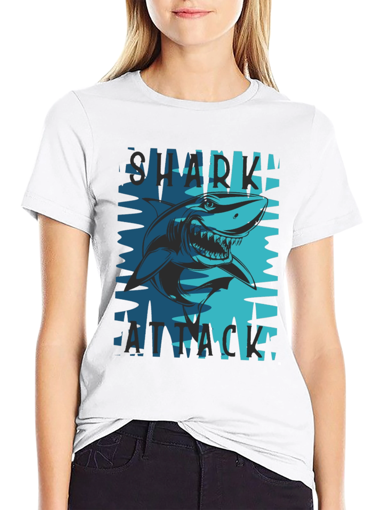 Shark Attack Graphic Tee - Black Cotton Blend T-Shirt