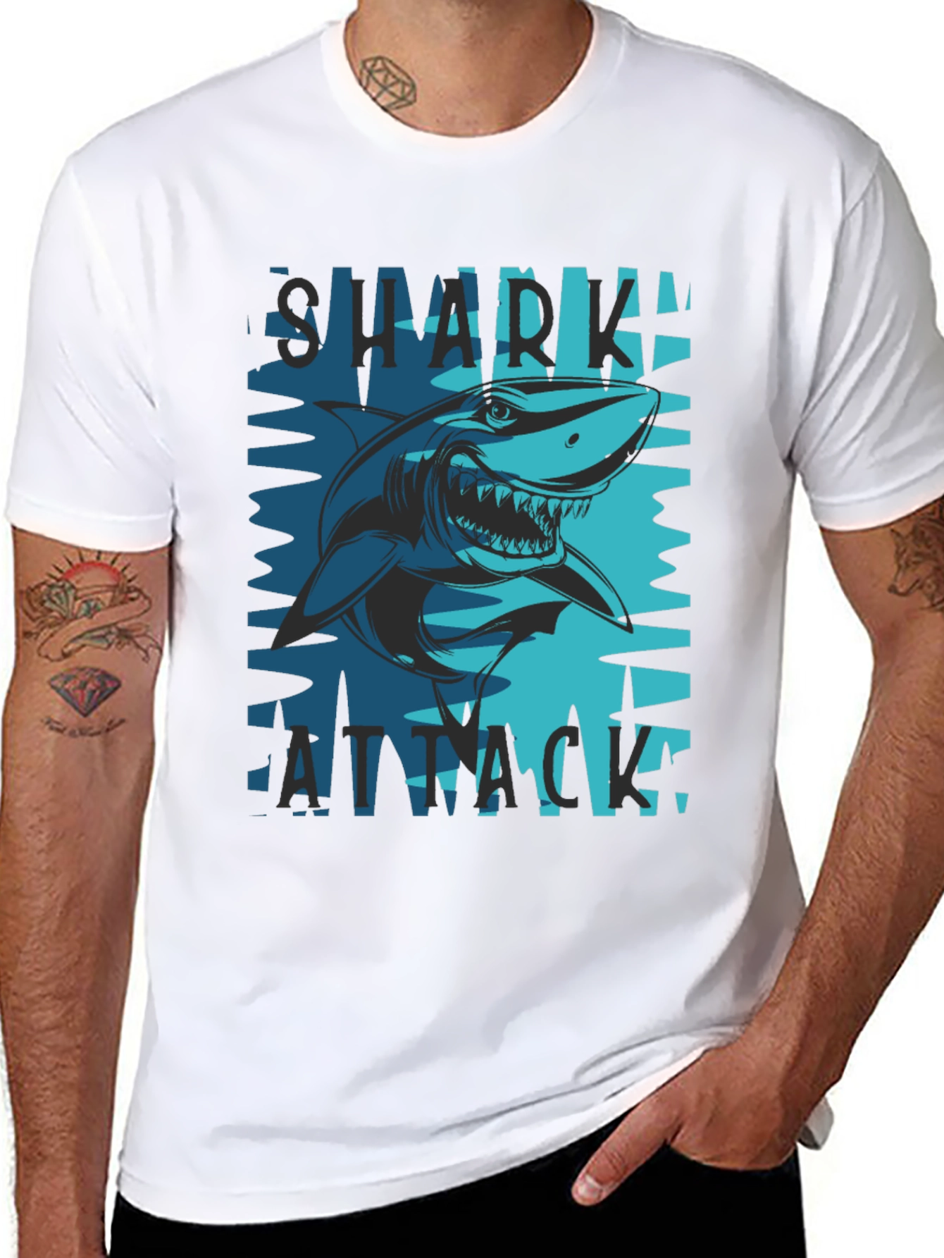 Shark Attack Graphic Tee - Black Cotton Blend T-Shirt