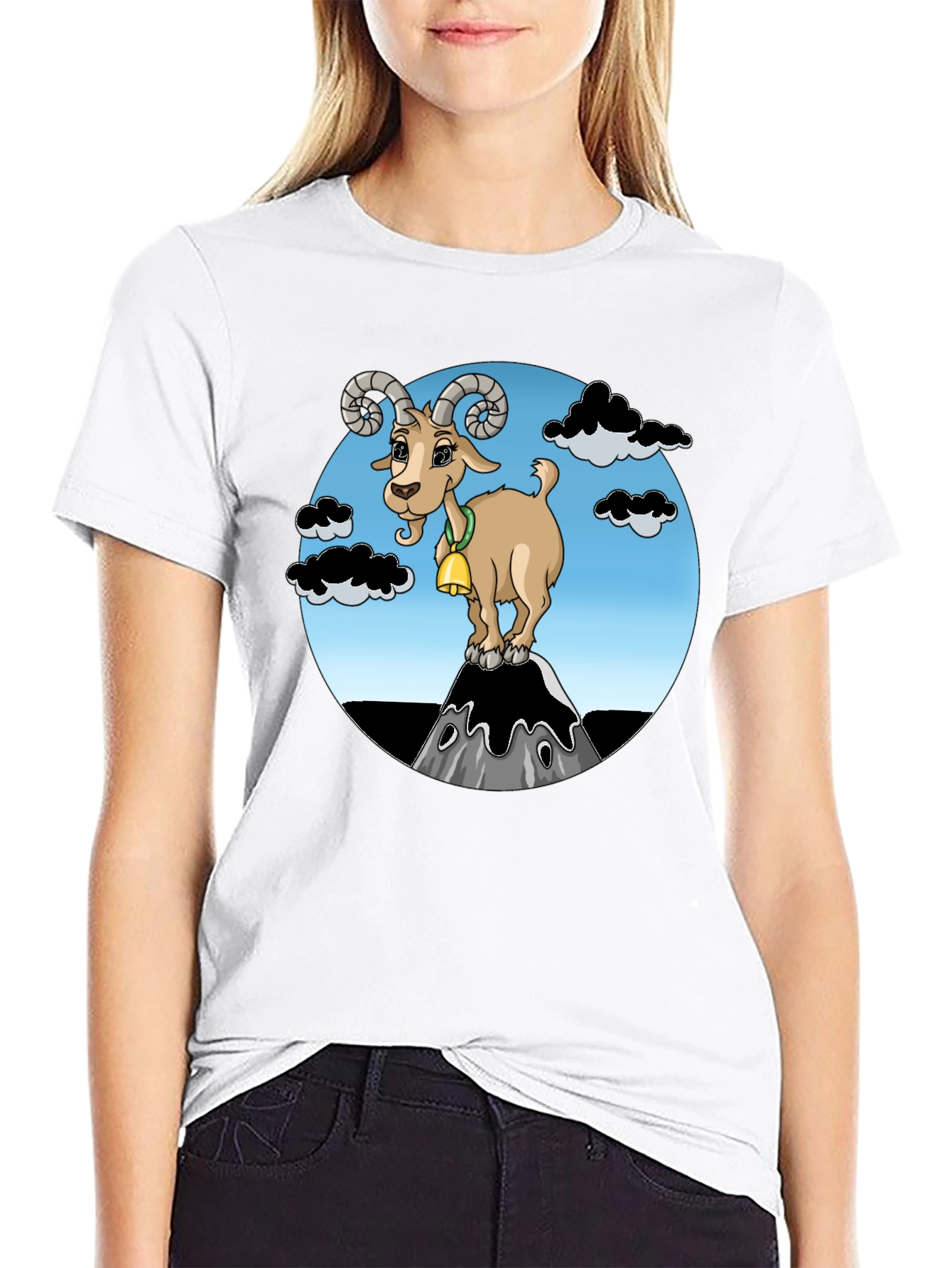 Cartoon Goat on Mountain Graphic T-Shirt