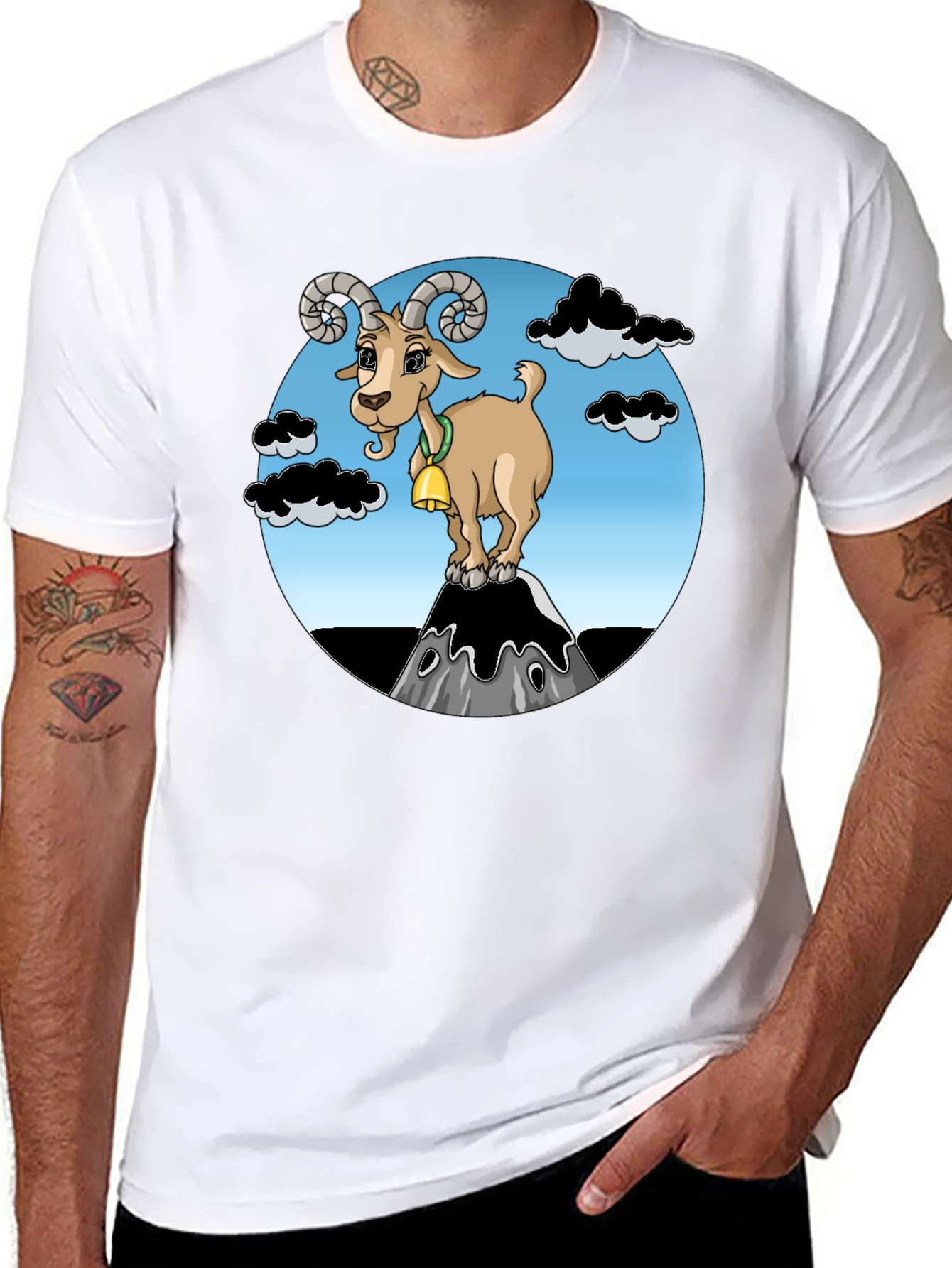 Cartoon Goat on Mountain Graphic T-Shirt