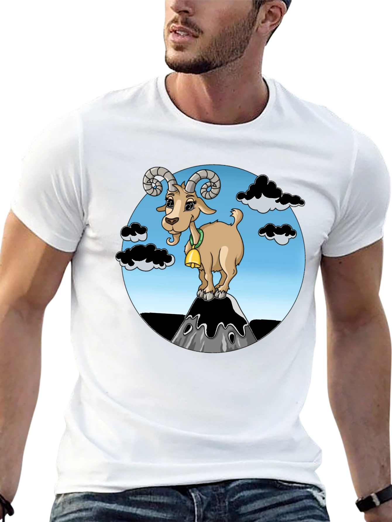 Cartoon Goat on Mountain Graphic T-Shirt