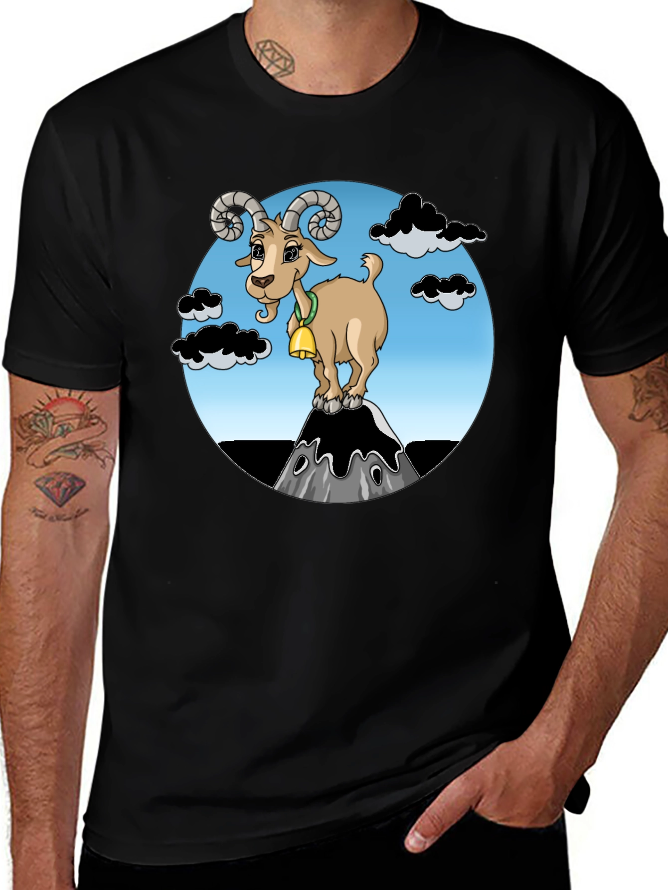 Cartoon Goat on Mountain Graphic T-Shirt