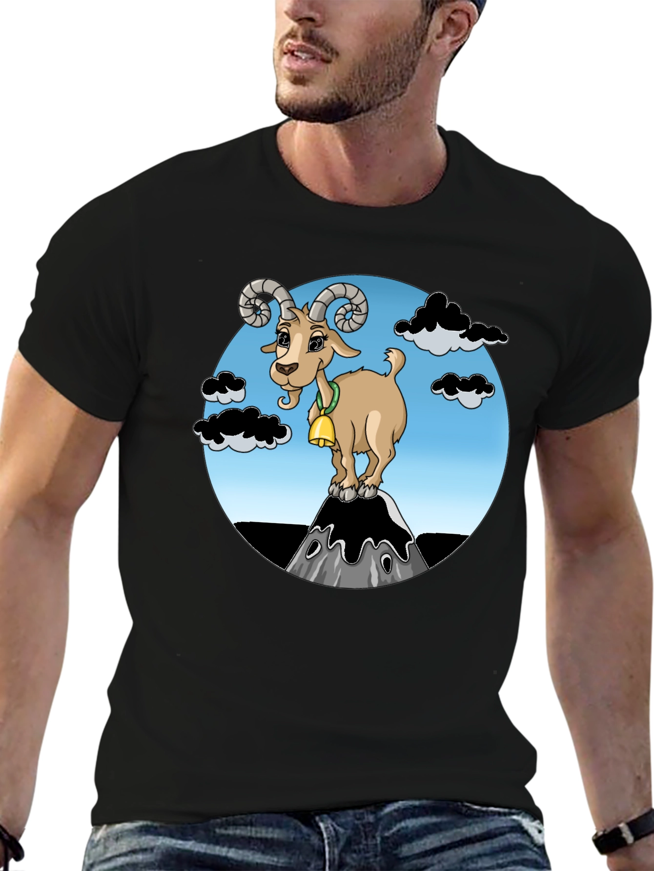 Cartoon Goat on Mountain Graphic T-Shirt