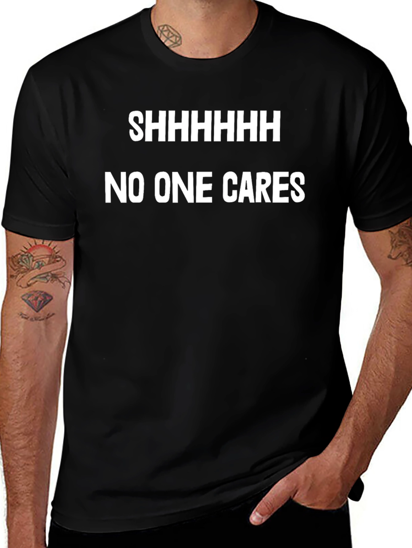 Shhhhhh No One Cares Funny Graphic Tee - Black