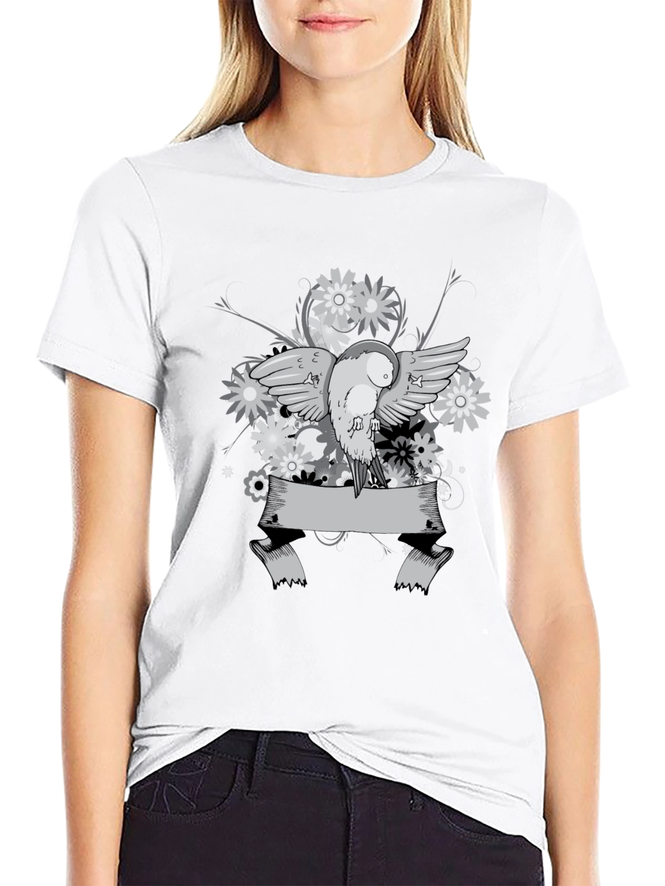 Floral Bird Graphic Tee - Black Cotton