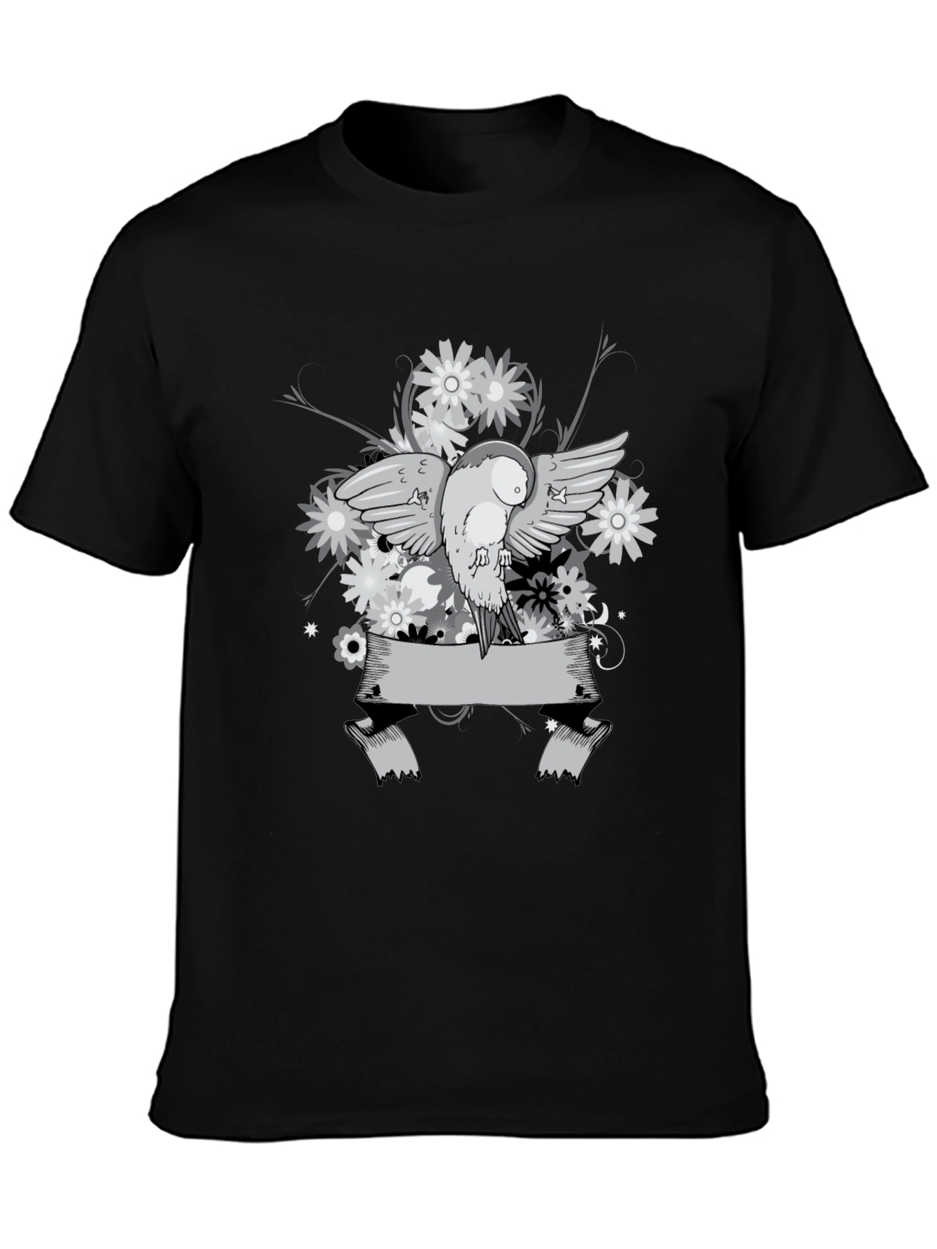 Floral Bird Graphic Tee - Black Cotton