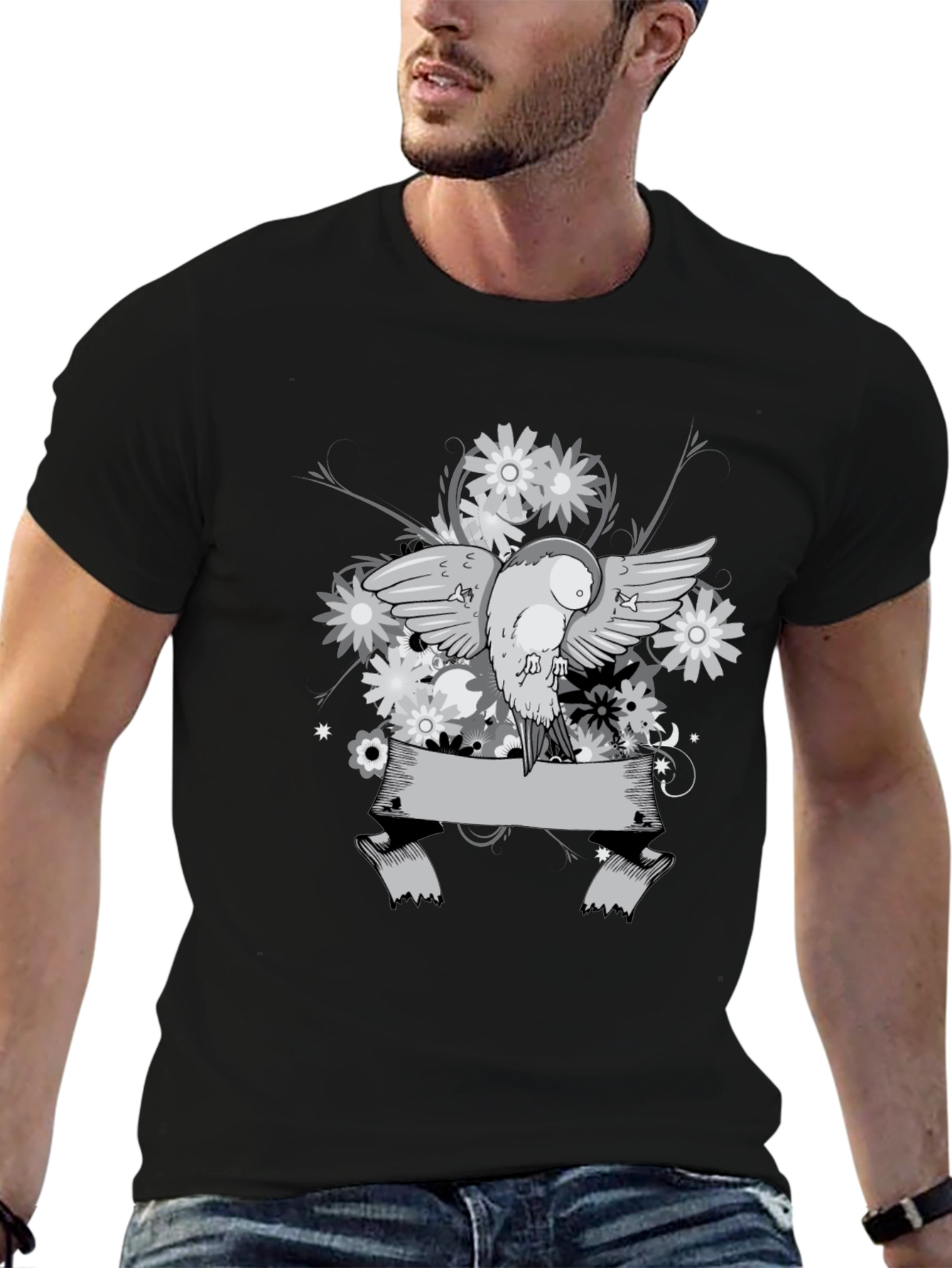Floral Bird Graphic Tee - Black Cotton