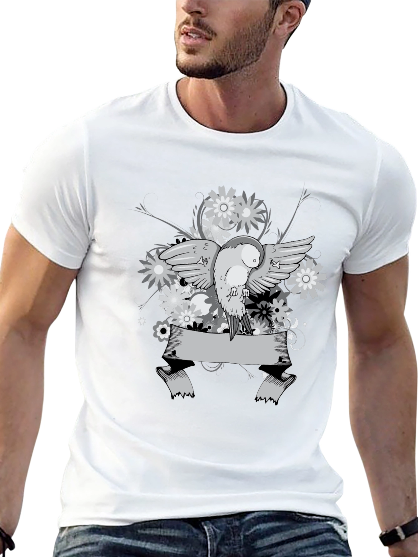 Floral Bird Graphic Tee - Black Cotton