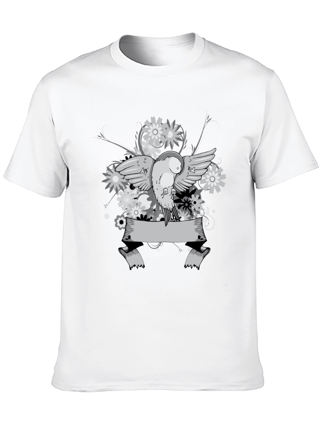 Floral Bird Graphic Tee - Black Cotton