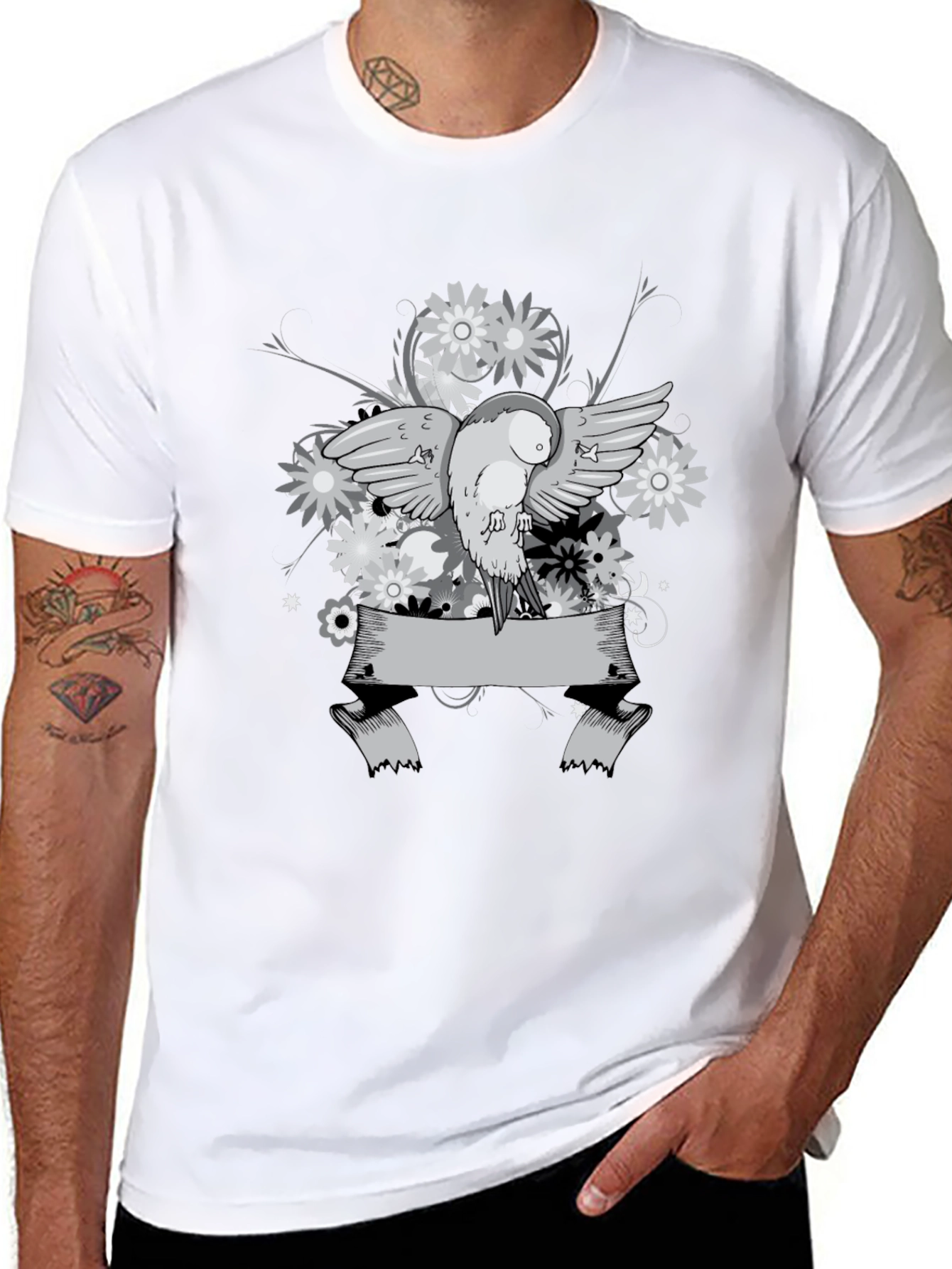 Floral Bird Graphic Tee - Black Cotton