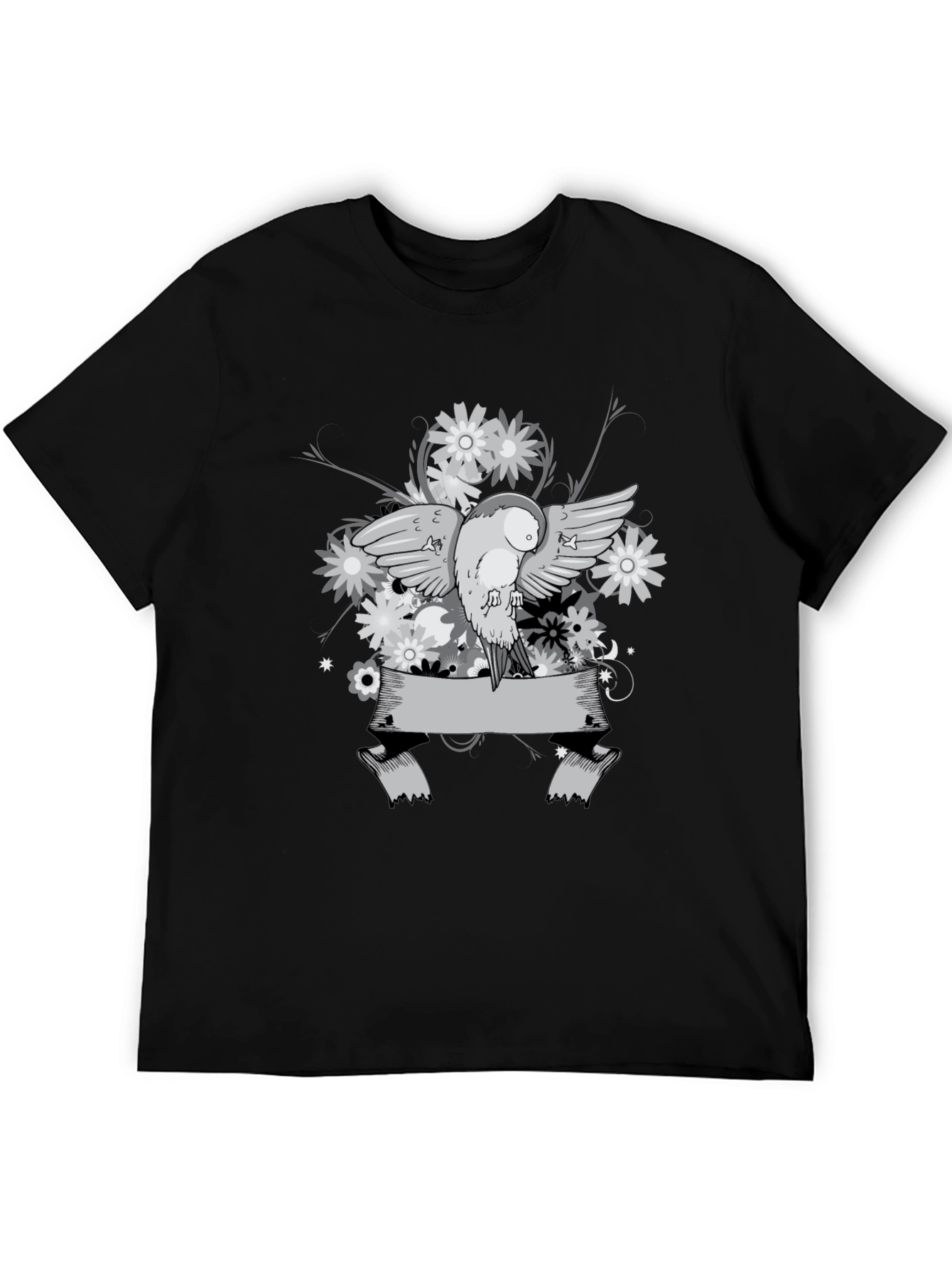 Floral Bird Graphic Tee - Black Cotton