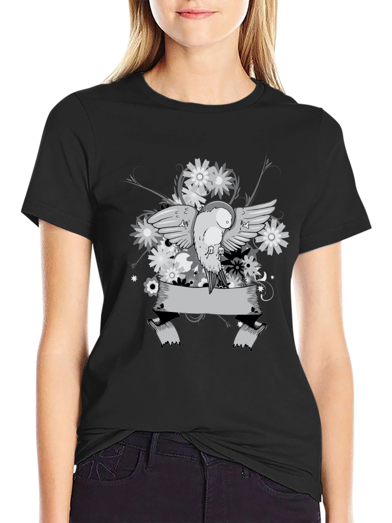 Floral Bird Graphic Tee - Black Cotton