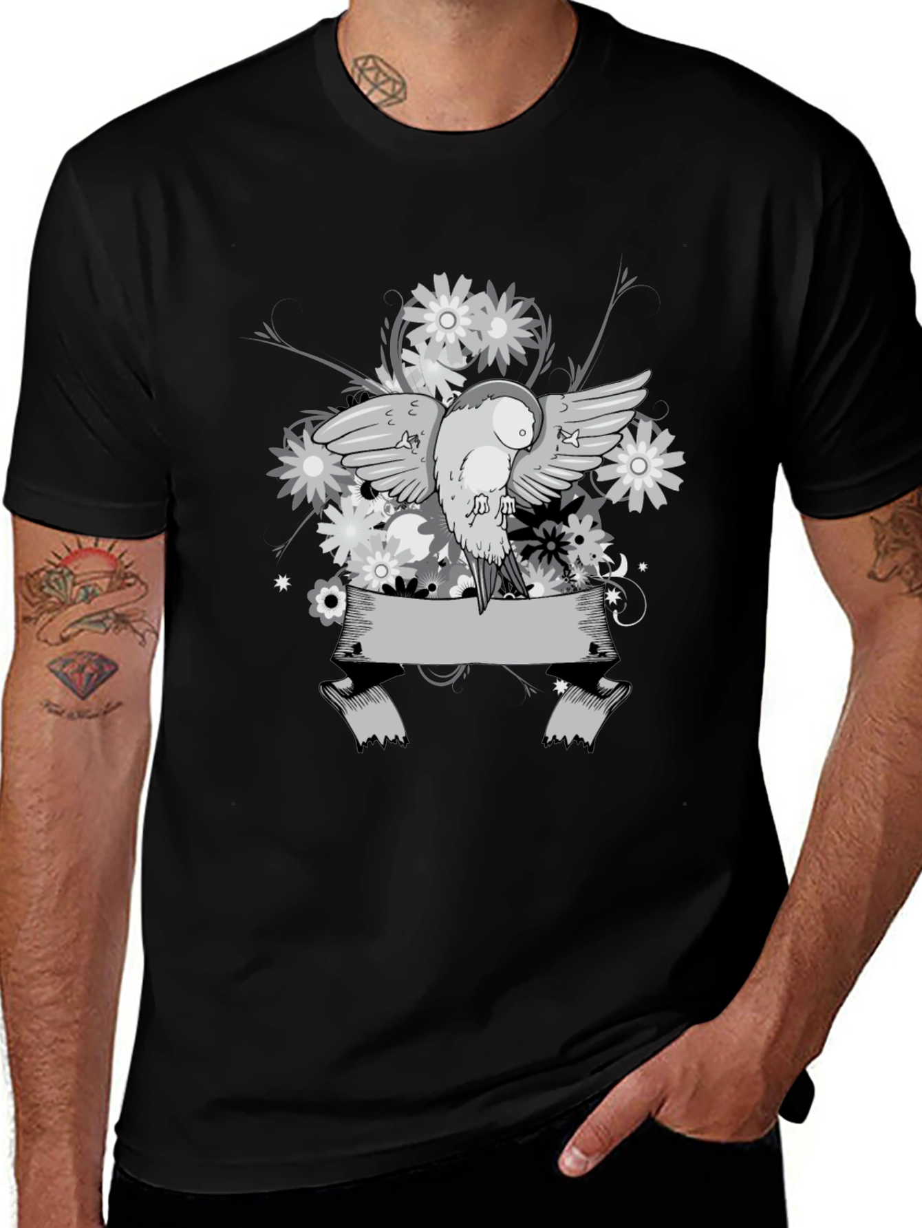 Floral Bird Graphic Tee - Black Cotton