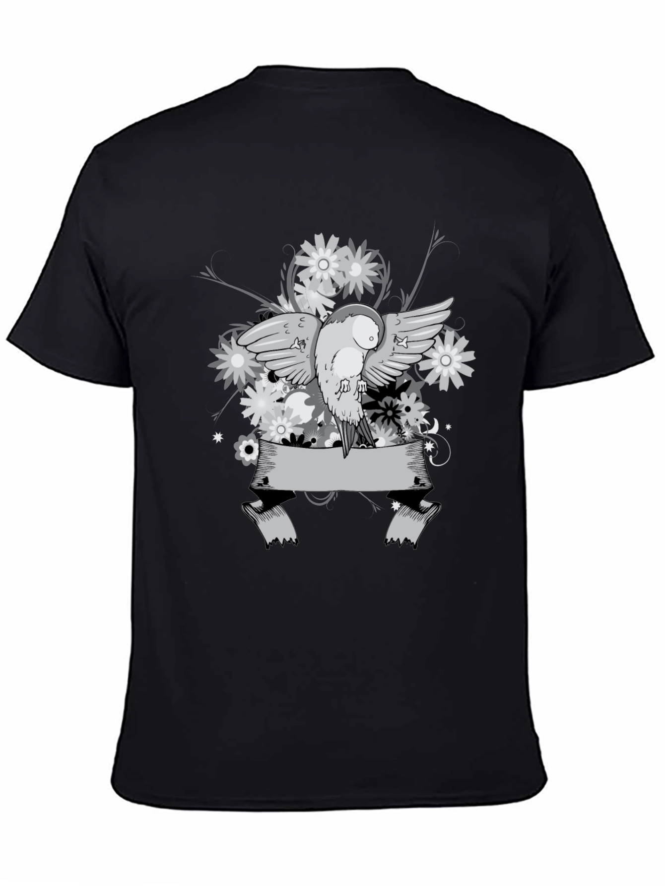 Floral Bird Graphic Tee - Black Cotton